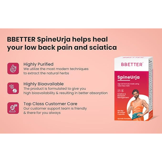 Bbetter Spineurja -Lab Tested Ayurvedic Medicine For Lower Back Pain Relief & Sciatica Relief | Made By Taila Paka Vidhi Method | 180 Softgels