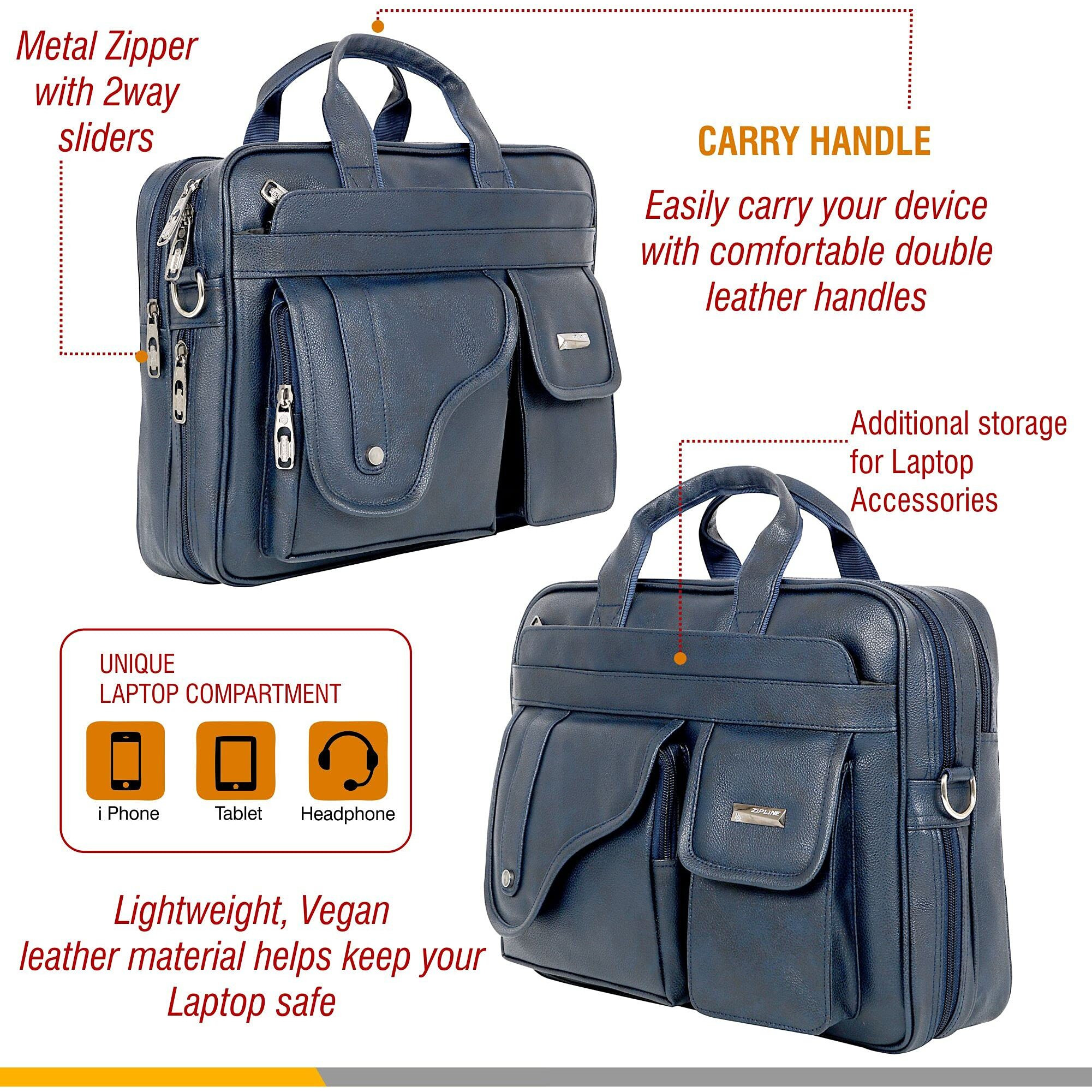 Zipline Office Synthetic Leather Laptop Bag For Men Women, 15.6" Compatible Laptop Messenger Bags For Men & Women (1-Blue Bag)