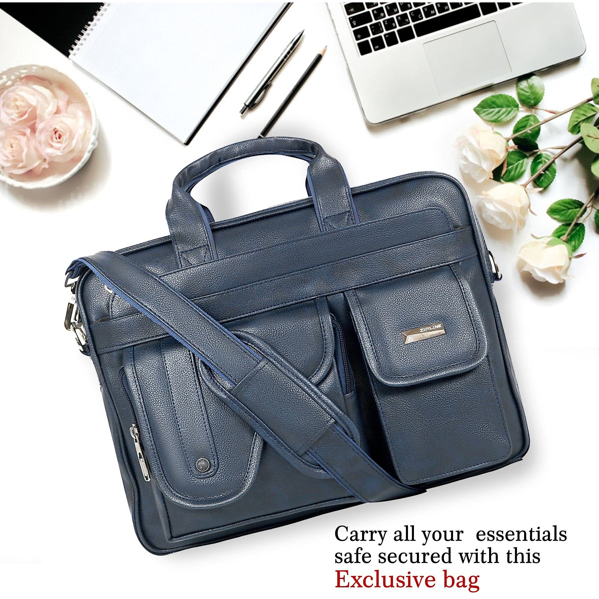 Zipline Office Synthetic Leather Laptop Bag For Men Women, 15.6" Compatible Laptop Messenger Bags For Men & Women (1-Blue Bag)
