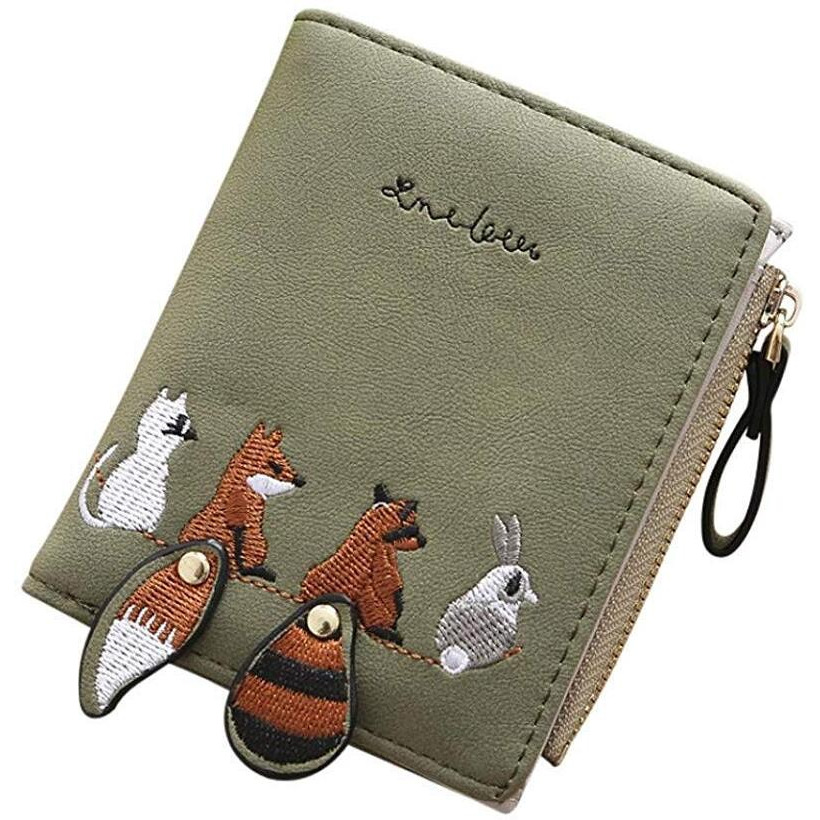 Palay Leather Wallets For Women's Stylish, Cute Mini Animals Embroidery, Short Wallet Card Holder Billfold Purse Wallet Gift For Girls, Green