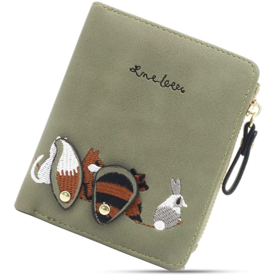 Palay Leather Wallets For Women's Stylish, Cute Mini Animals Embroidery, Short Wallet Card Holder Billfold Purse Wallet Gift For Girls, Green