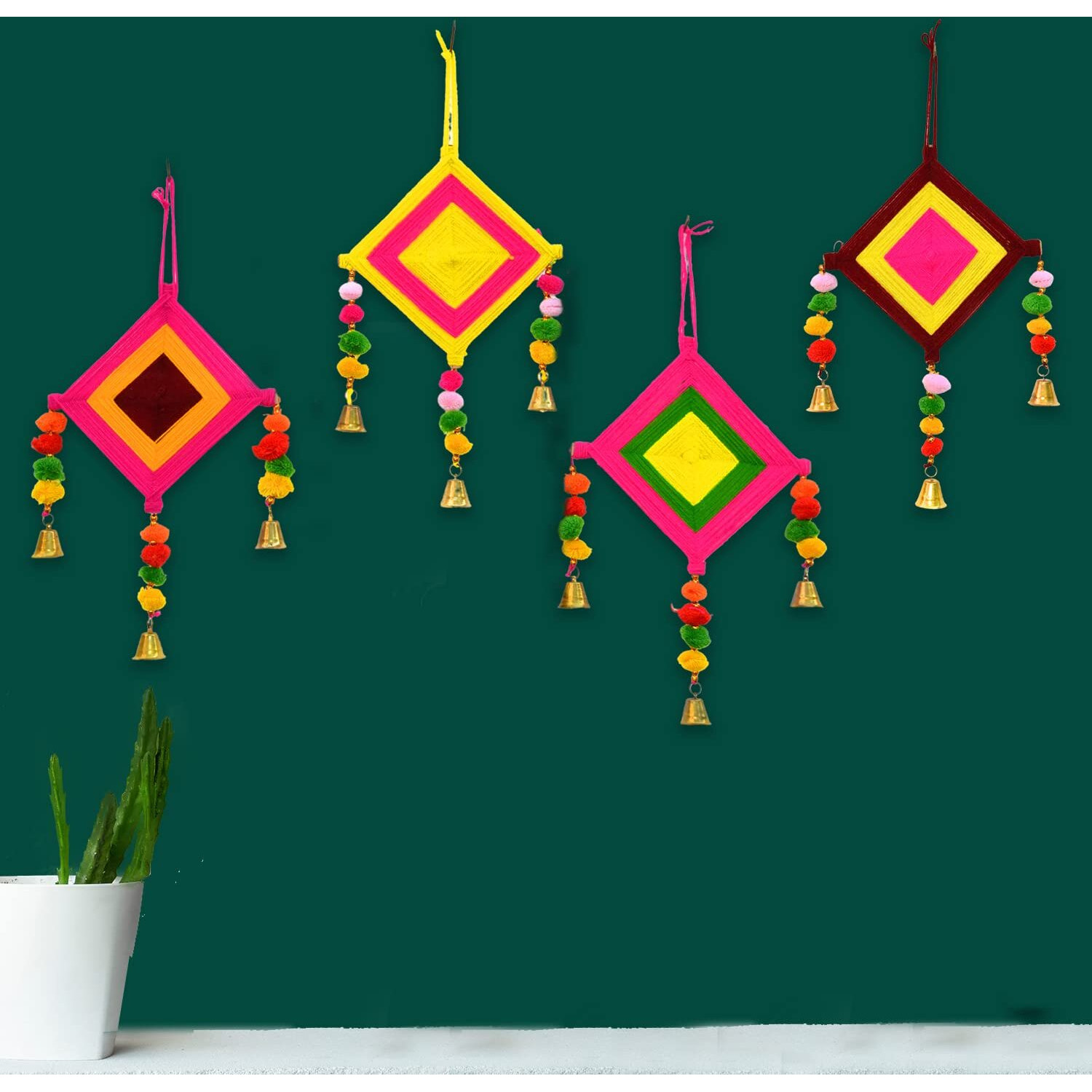 Craftvatika Kites Wall Pom Pom Hanging With Bells Strings Decoration For Home, Office, Door, Window, Haldi, Mehndi, Festival Decoration Items, Multicolor (4 Pc's)