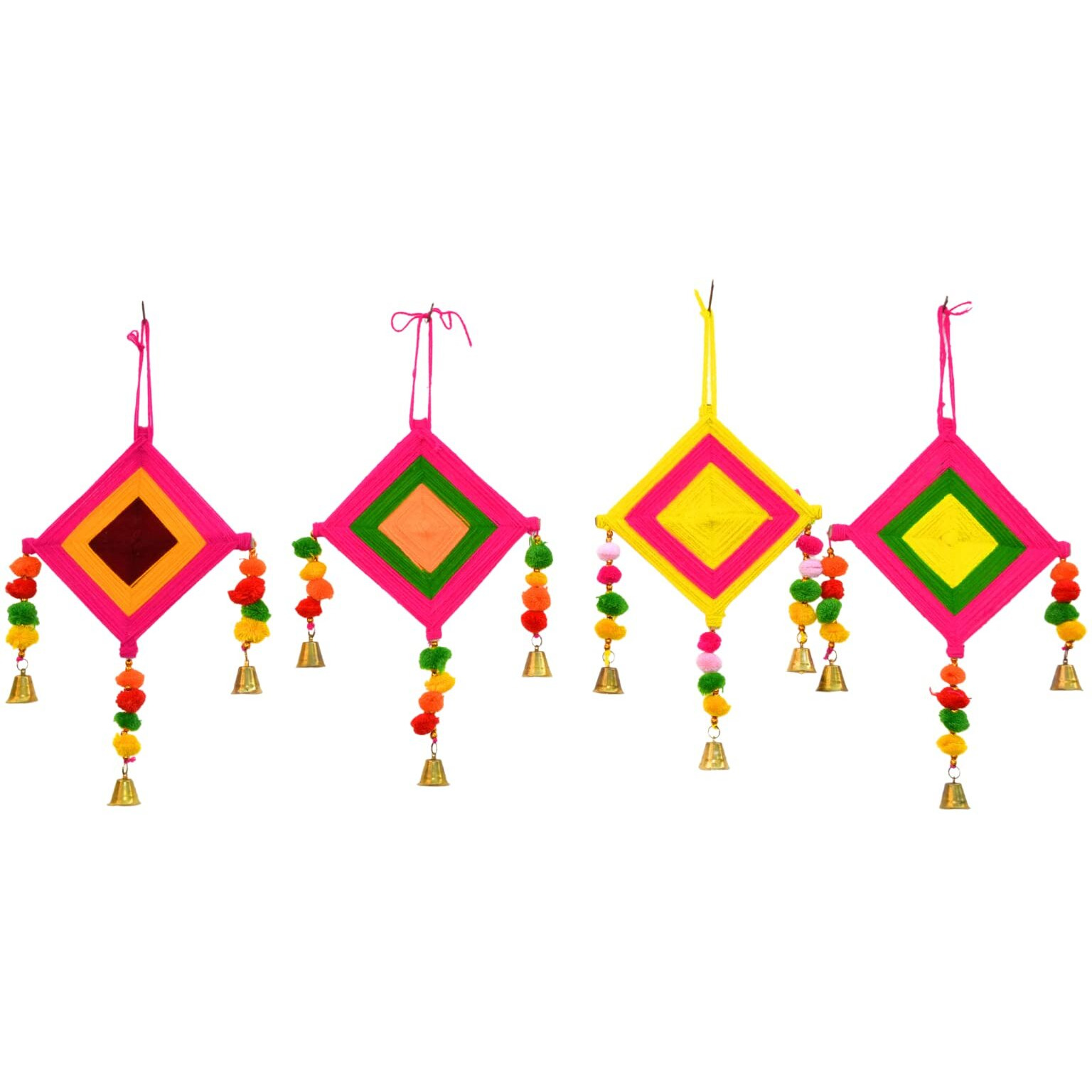Craftvatika Kites Wall Pom Pom Hanging With Bells Strings Decoration For Home, Office, Door, Window, Haldi, Mehndi, Festival Decoration Items, Multicolor (4 Pc's)