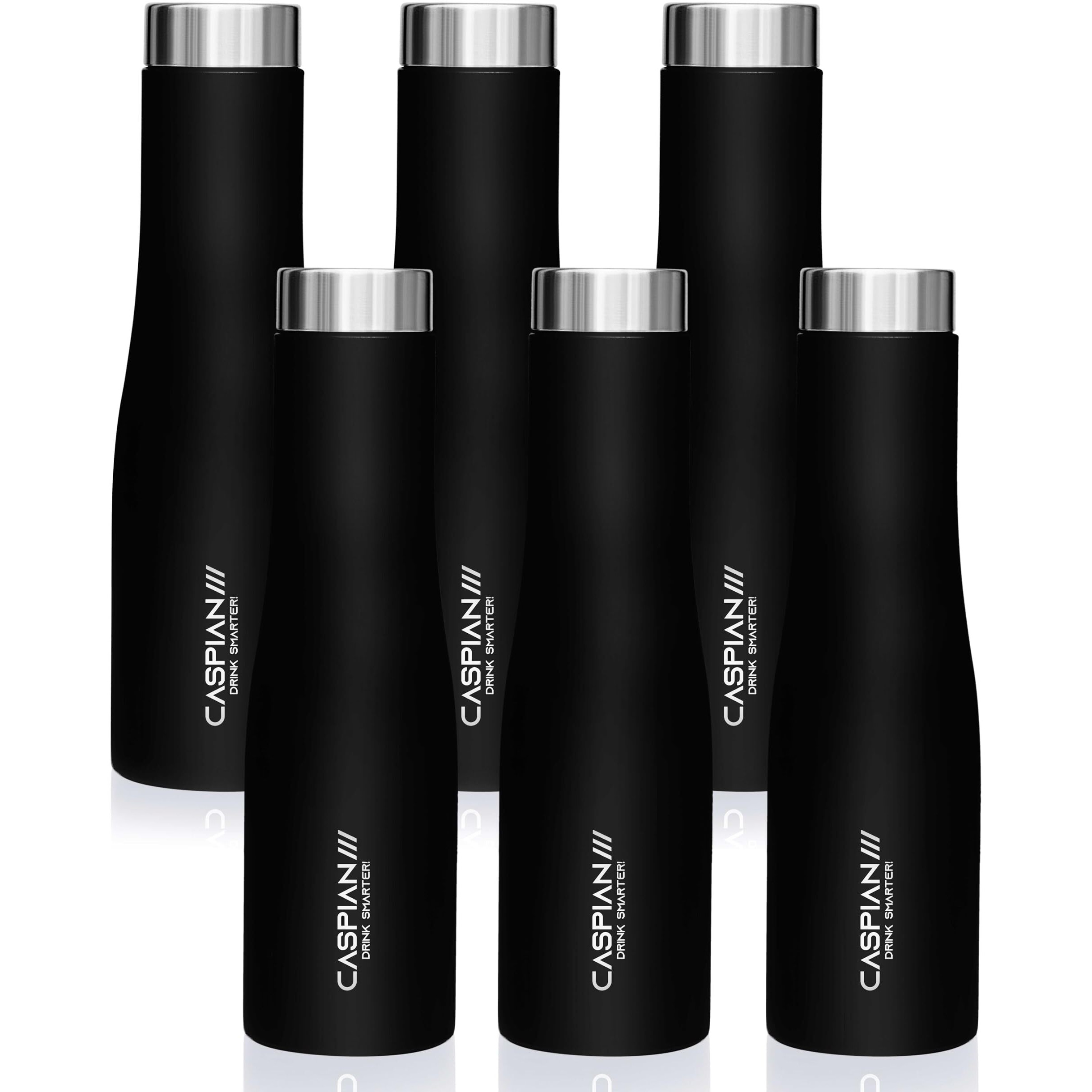 Caspian /// Aqua Stainless Steel Water Bottle (Black, 1 Litre, Set Of 6)| Leak Proof Thunder For Fridge Home Office Travel School Kids Boys Girls Adults Sports Gym Yoga