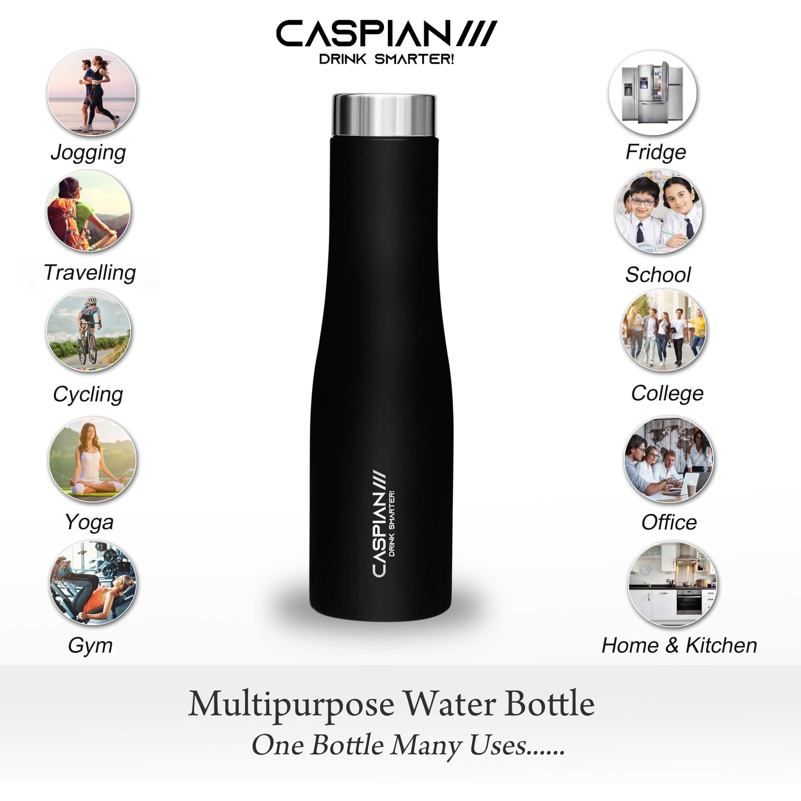 Caspian /// Aqua Stainless Steel Water Bottle (Black, 1 Litre, Set Of 6)| Leak Proof Thunder For Fridge Home Office Travel School Kids Boys Girls Adults Sports Gym Yoga