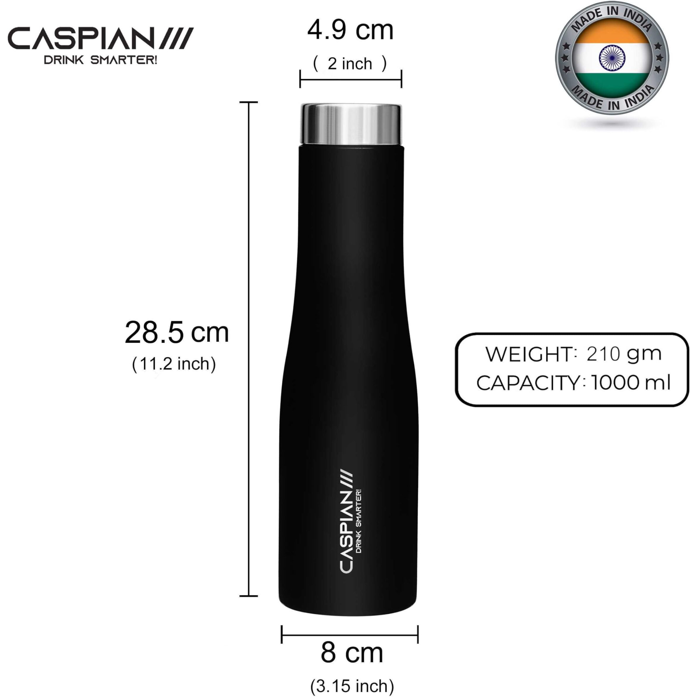 Caspian /// Aqua Stainless Steel Water Bottle (Black, 1 Litre, Set Of 6)| Leak Proof Thunder For Fridge Home Office Travel School Kids Boys Girls Adults Sports Gym Yoga