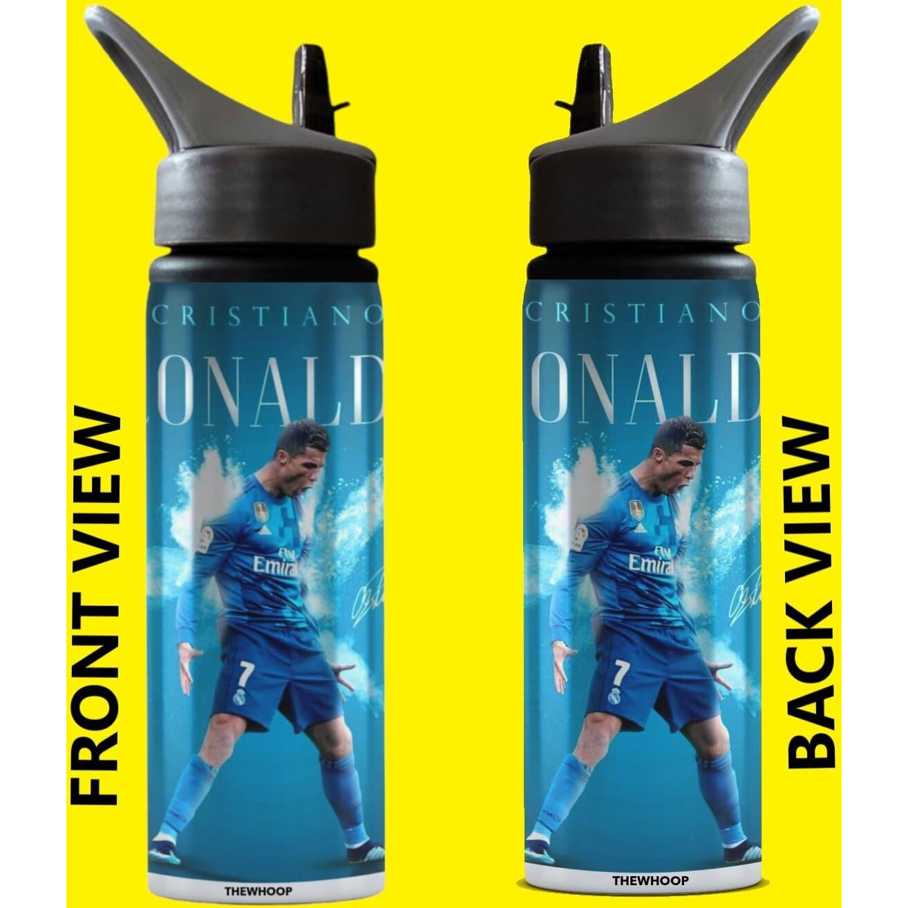 Thewhoop Cristiano Ronaldo Printed Sipper 750 Ml Aluminium Bottle & Keychain With Holding Grip Feature | Best Gift For Cr7 / Football Sports Fans (Green)