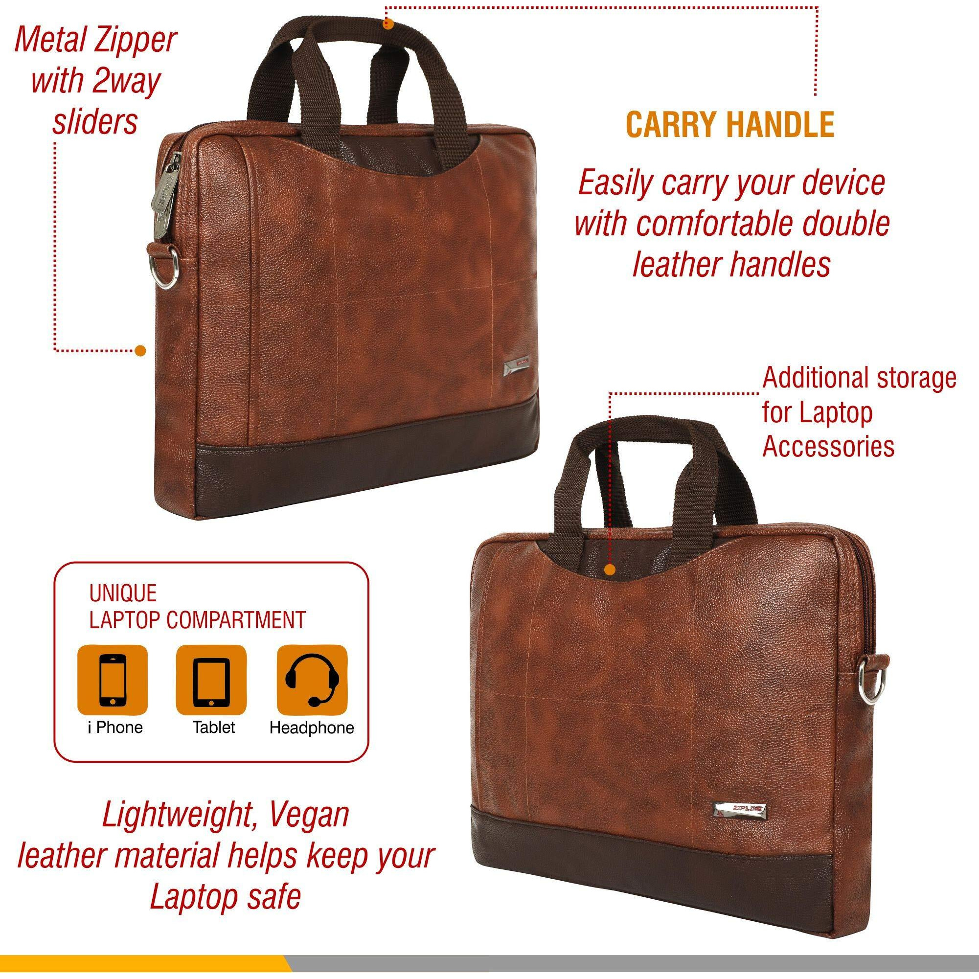 Zipline Office Synthetic Leather Laptop Bag For Men Women, 15.6" Compatible Laptop Messenger Bags For Men & Women (1-Tan Bag)
