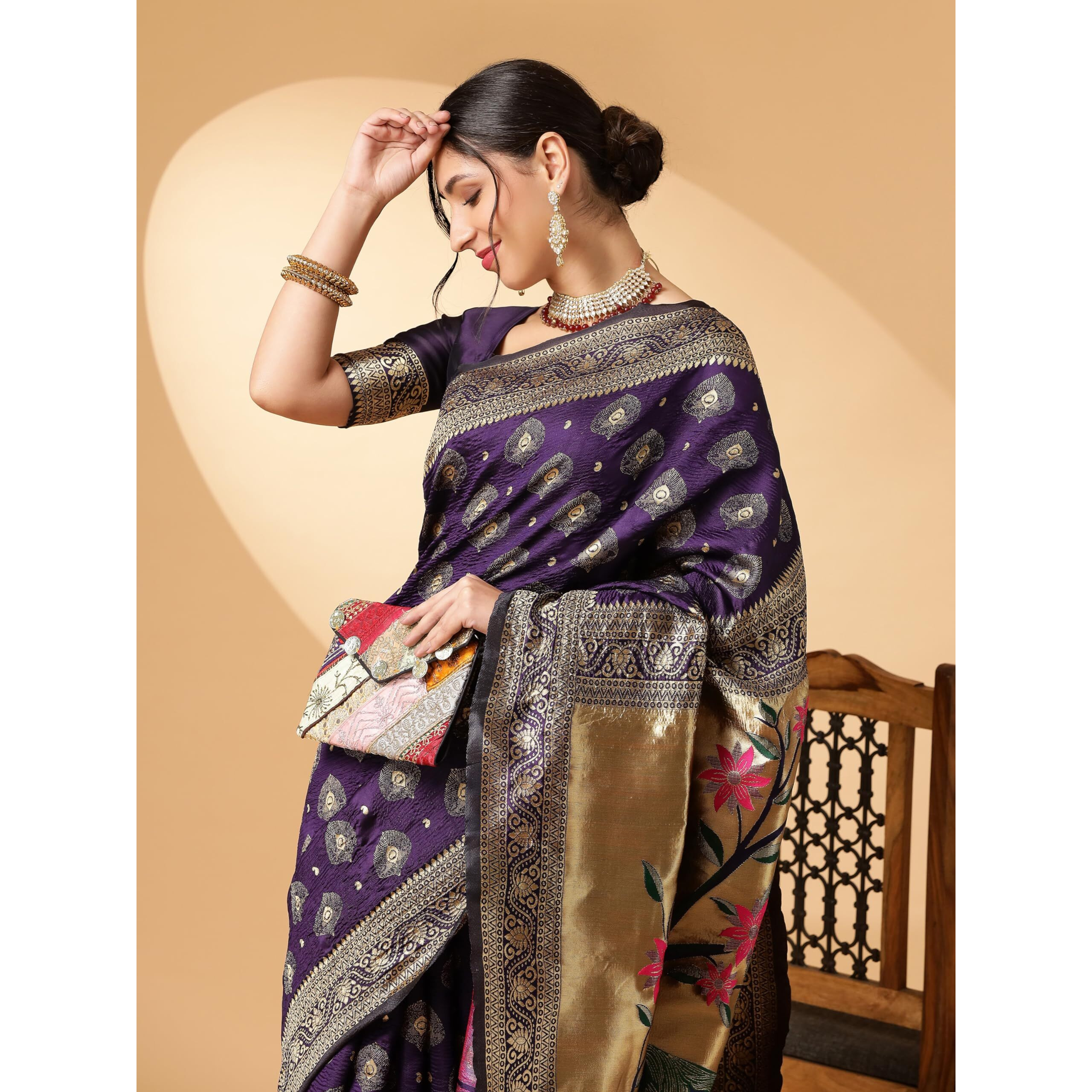 Ethnicjunction Women's Paithani Silk Blend Woven Saree With Blouse Piece (Purple)