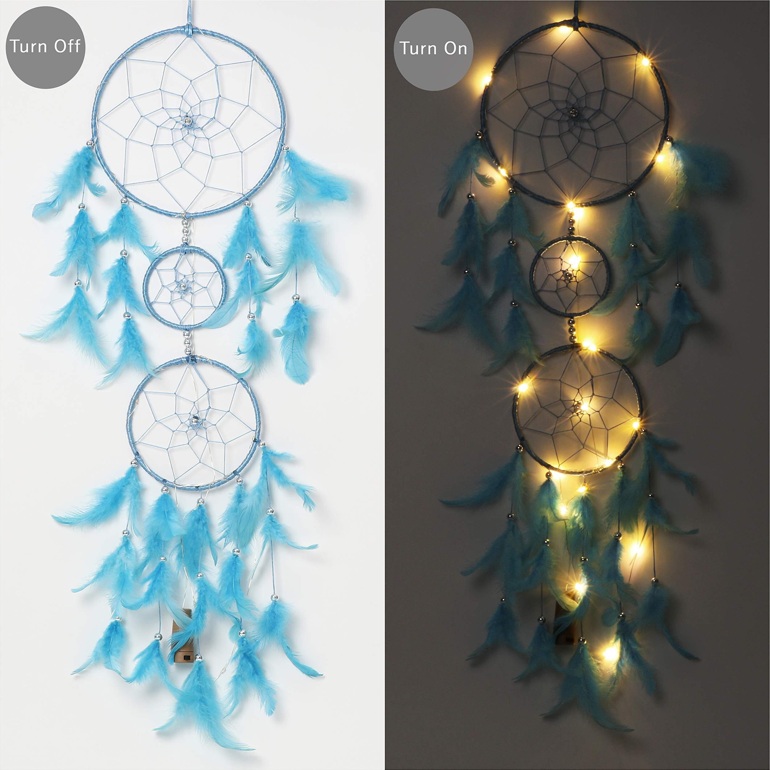Ilu Dream Catcher With Lights, Wall Hangings, Crafts, Home Dcor, Handmade For Bedroom, Balcony, Garden, Party, Caf, Decoration, Wedding, Decorative, Blue Feathers (17 Cm Diameter)