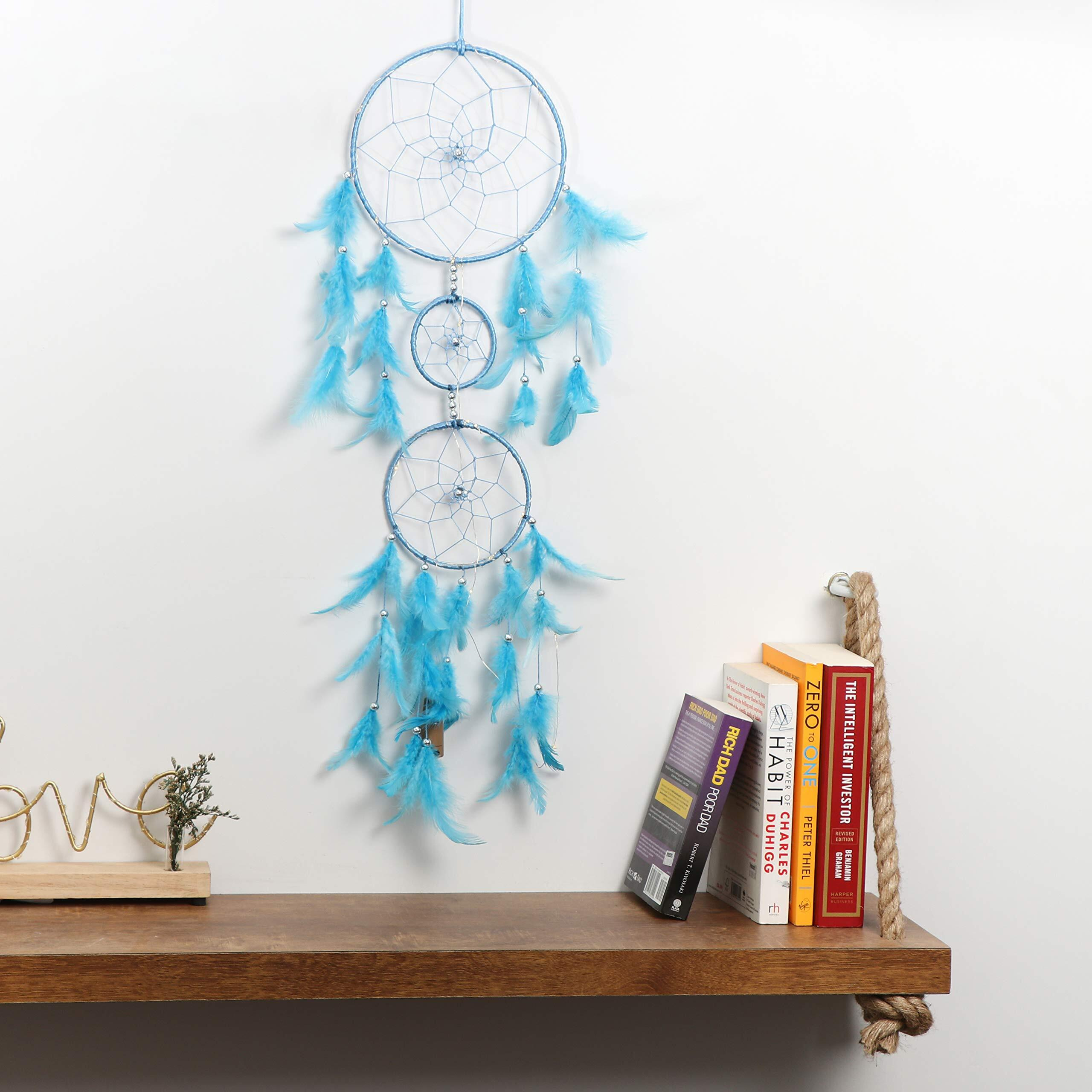 Ilu Dream Catcher With Lights, Wall Hangings, Crafts, Home Dcor, Handmade For Bedroom, Balcony, Garden, Party, Caf, Decoration, Wedding, Decorative, Blue Feathers (17 Cm Diameter)