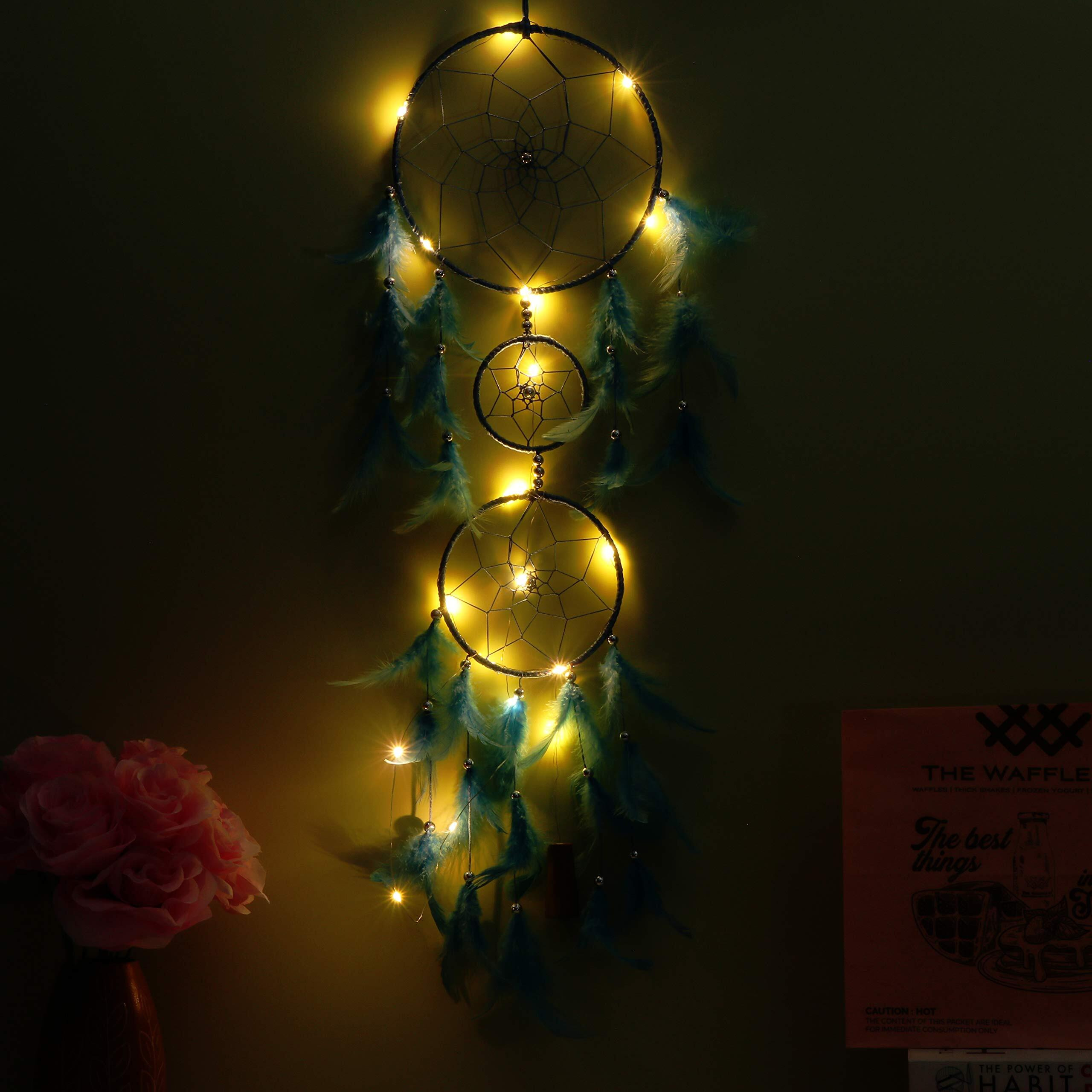 Ilu Dream Catcher With Lights, Wall Hangings, Crafts, Home Dcor, Handmade For Bedroom, Balcony, Garden, Party, Caf, Decoration, Wedding, Decorative, Blue Feathers (17 Cm Diameter)