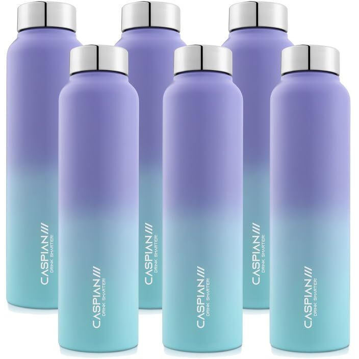 Caspian /// Astra Stainless Steel Water Bottle (Lilac Lagoon, 1 Litre, Set Of 6)| Leak Proof Thunder For Fridge Home Office Travel School Kids Boys Girls Adults Sports Gym Yoga