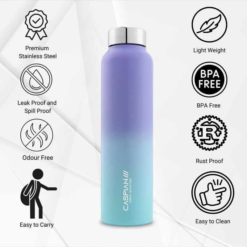 Caspian /// Astra Stainless Steel Water Bottle (Lilac Lagoon, 1 Litre, Set Of 6)| Leak Proof Thunder For Fridge Home Office Travel School Kids Boys Girls Adults Sports Gym Yoga