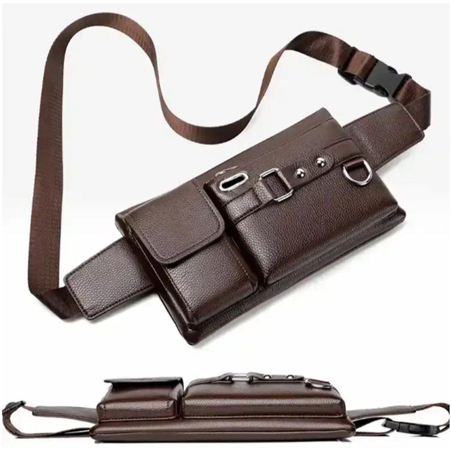 Handcuffs Mens & Womens Waist Bag | Pouch | Leather | Fanny Pack | Belt | Adjustable Strap | Travel | Passport | Holder | Side Bags (Brown)