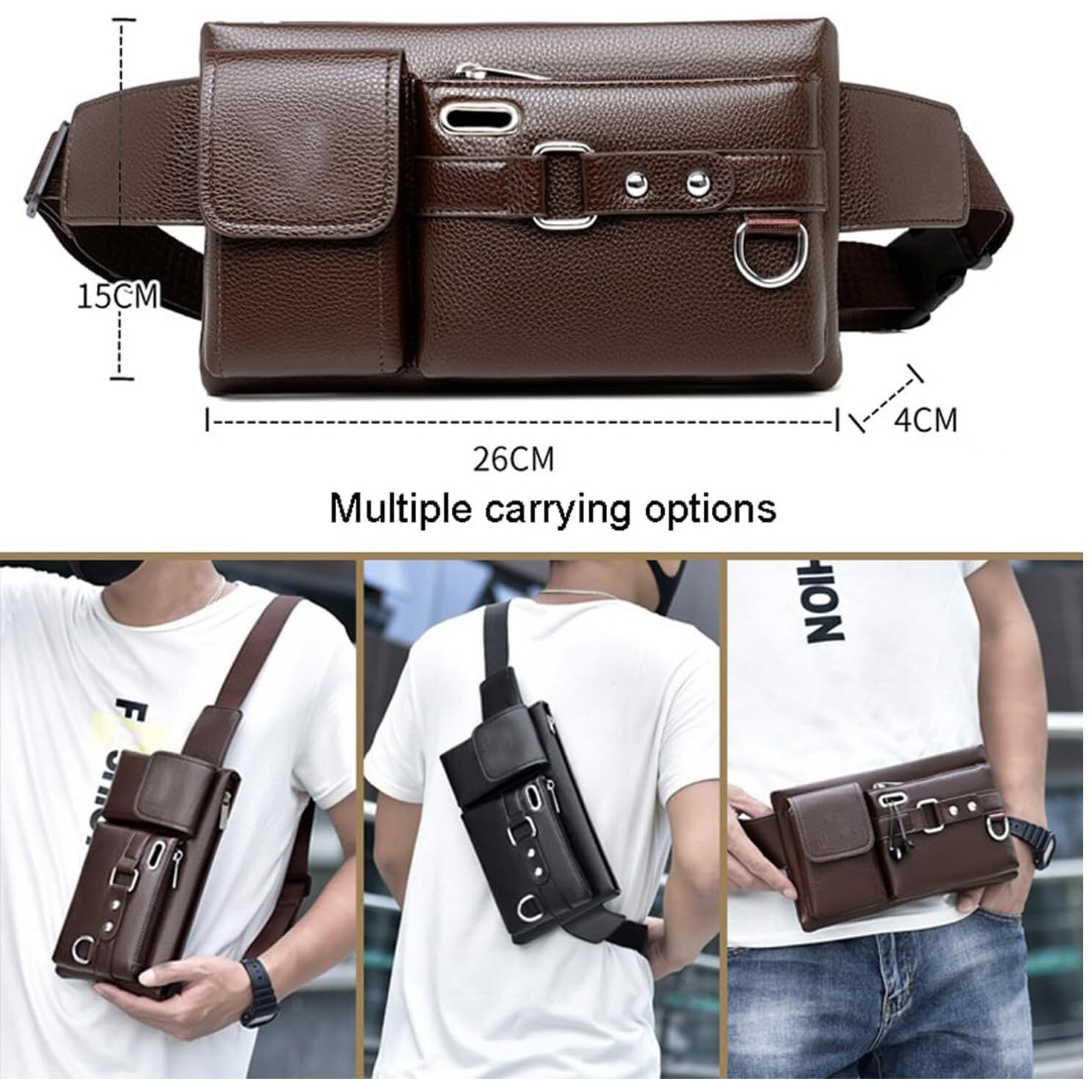 Handcuffs Mens & Womens Waist Bag | Pouch | Leather | Fanny Pack | Belt | Adjustable Strap | Travel | Passport | Holder | Side Bags (Brown)