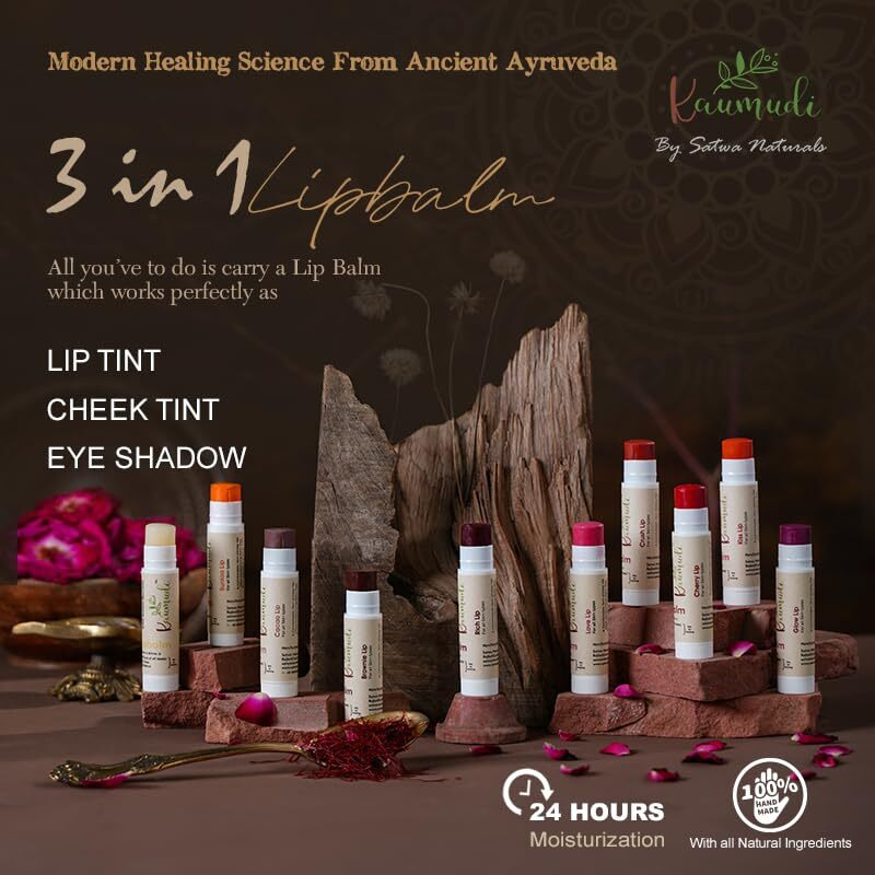 Kaumudi Handmade & 100% Natural 3 In 1 Lip Balm (Lip Tint, Cheek Tint, Eye Shadow) Made With Rose & Saffron Essential Oil, Best For Dry, Damaged & Chapped Lips, Hydrates & Moisturizes (Crush Lip)