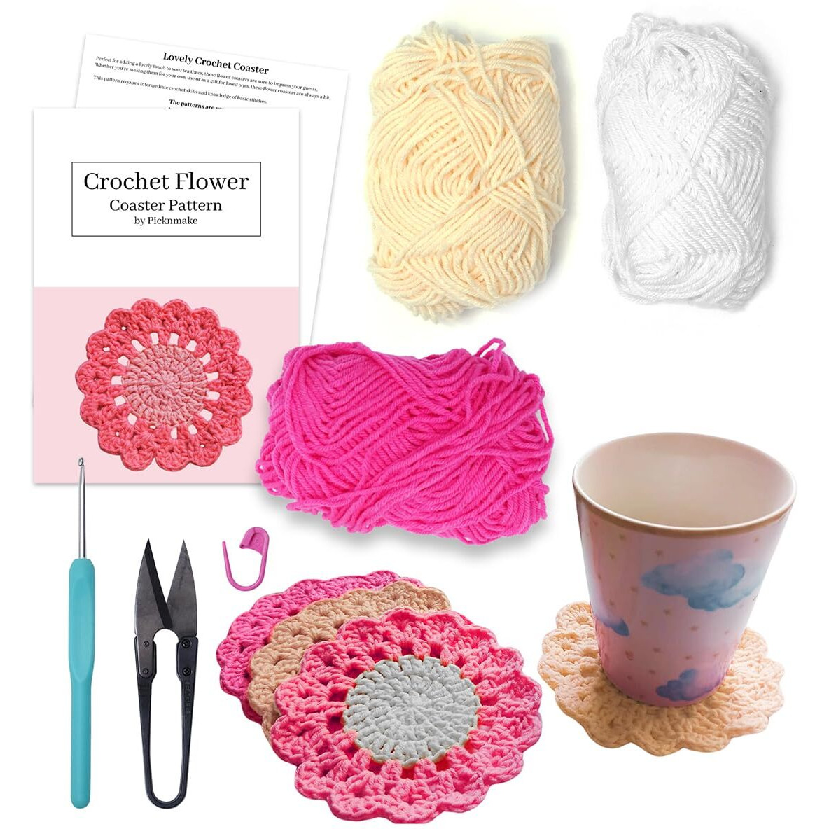 Picknmake 6 Pcs Floral Crochet Lace Bloom Diy Coaster Kit, Crochet Kit For Beginners, Crochet Yarn Full Kit, Multicolor Decorative Crochet Flower Tea Coasters Craft Kit With All Material Included