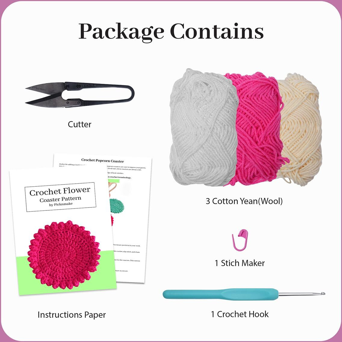 Picknmake 6 Pcs Floral Crochet Lace Bloom Diy Coaster Kit, Crochet Kit For Beginners, Crochet Yarn Full Kit, Multicolor Decorative Crochet Flower Tea Coasters Craft Kit With All Material Included