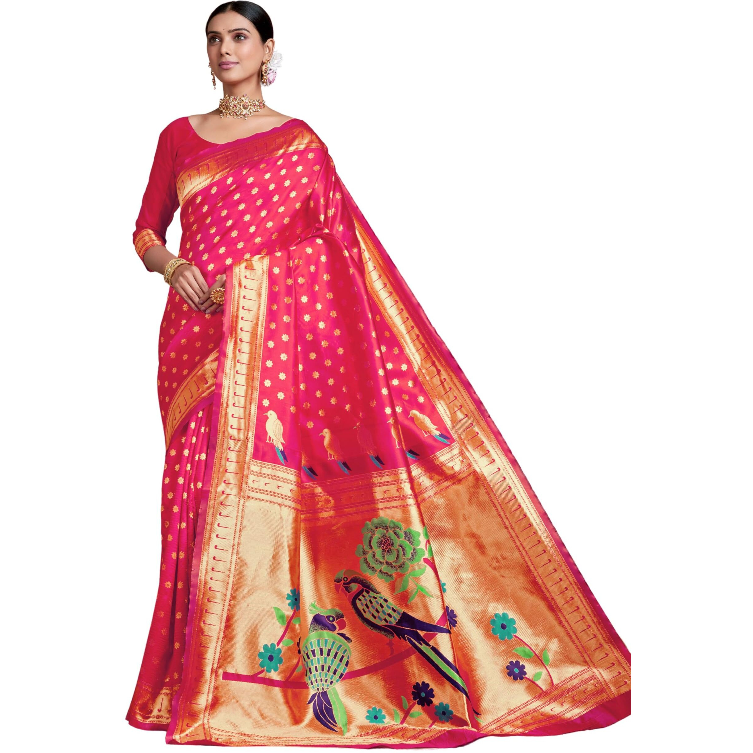Ethnicjunction Women's Silk Blend Woven Paithani Saree With Blouse Piece, Pink