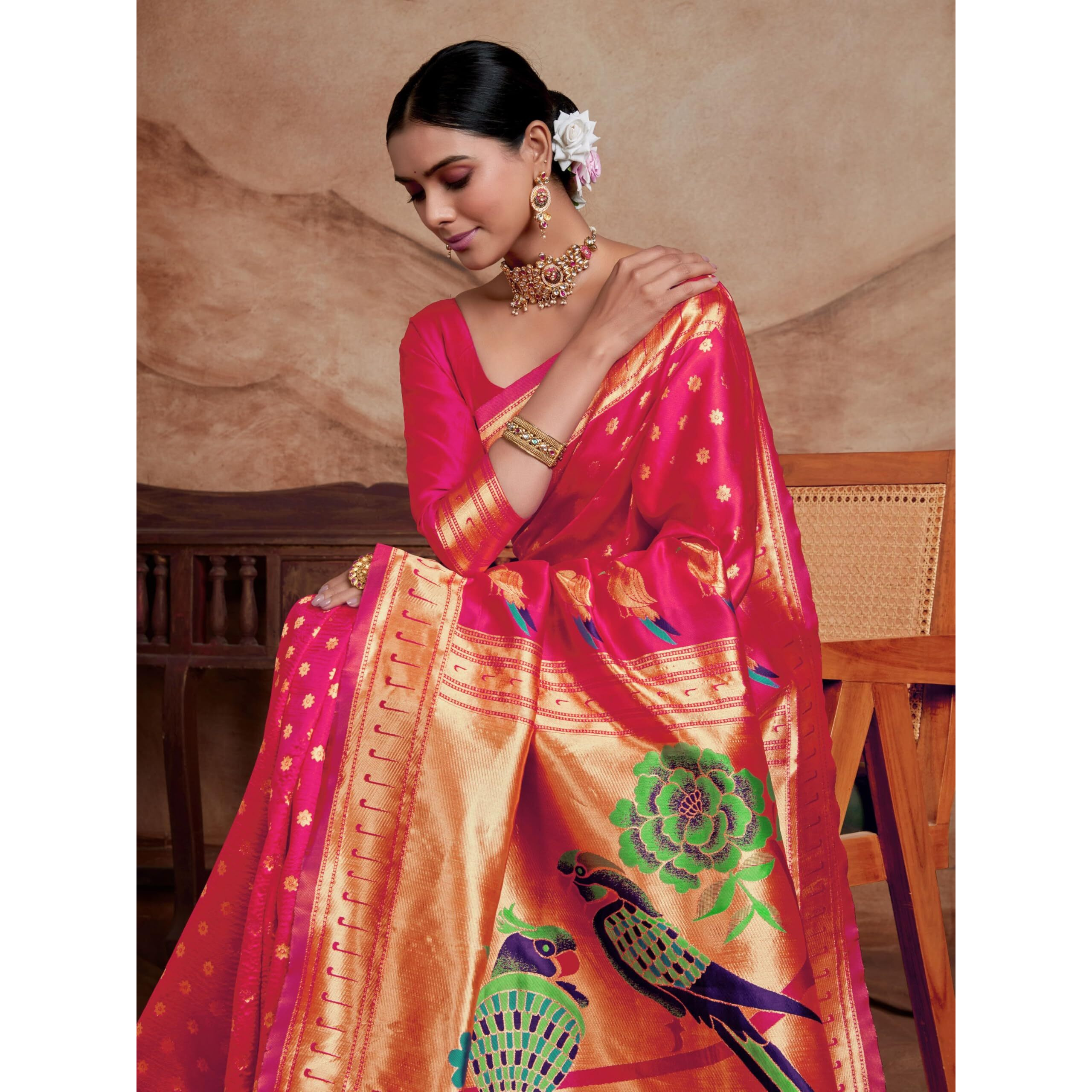 Ethnicjunction Women's Silk Blend Woven Paithani Saree With Blouse Piece, Pink