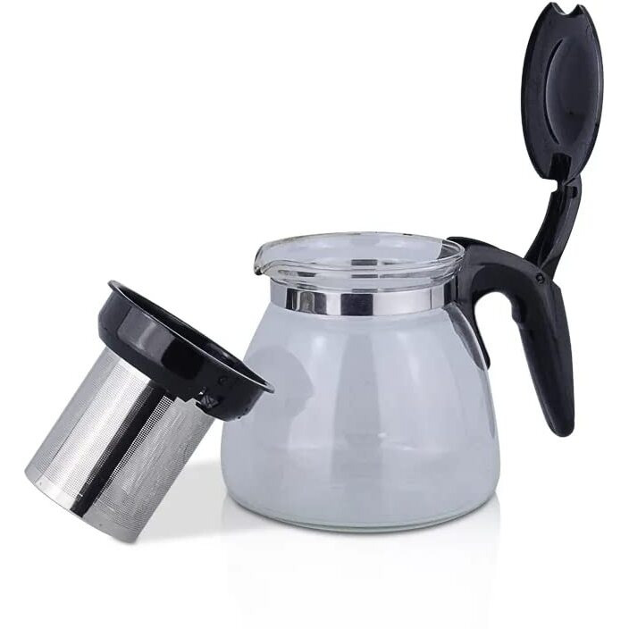 Ankul Borosilicate Round Glass Tea Pot With Heat Resistant Stainless Steel Infuser Perfect For Tea And Coffee Maker, Clear Glass Kettle (Plastic Handle 1000Ml)