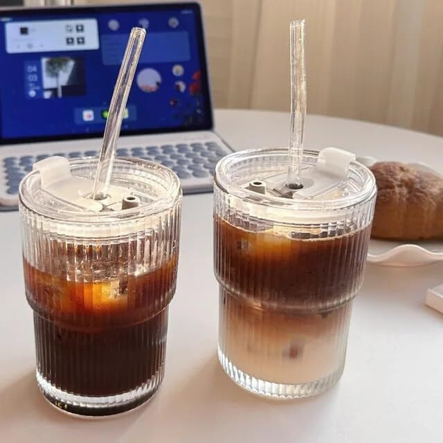 Kikiluxxa Glass Water Tumbler With Straw And Lid Sealed Carry On Thick Wall Iced Coffee Cup Glass Sipper Cup For Water, Iced Tea Fruit Juice Set Of 1, 400Ml (Clear) (Us Lined T 1)