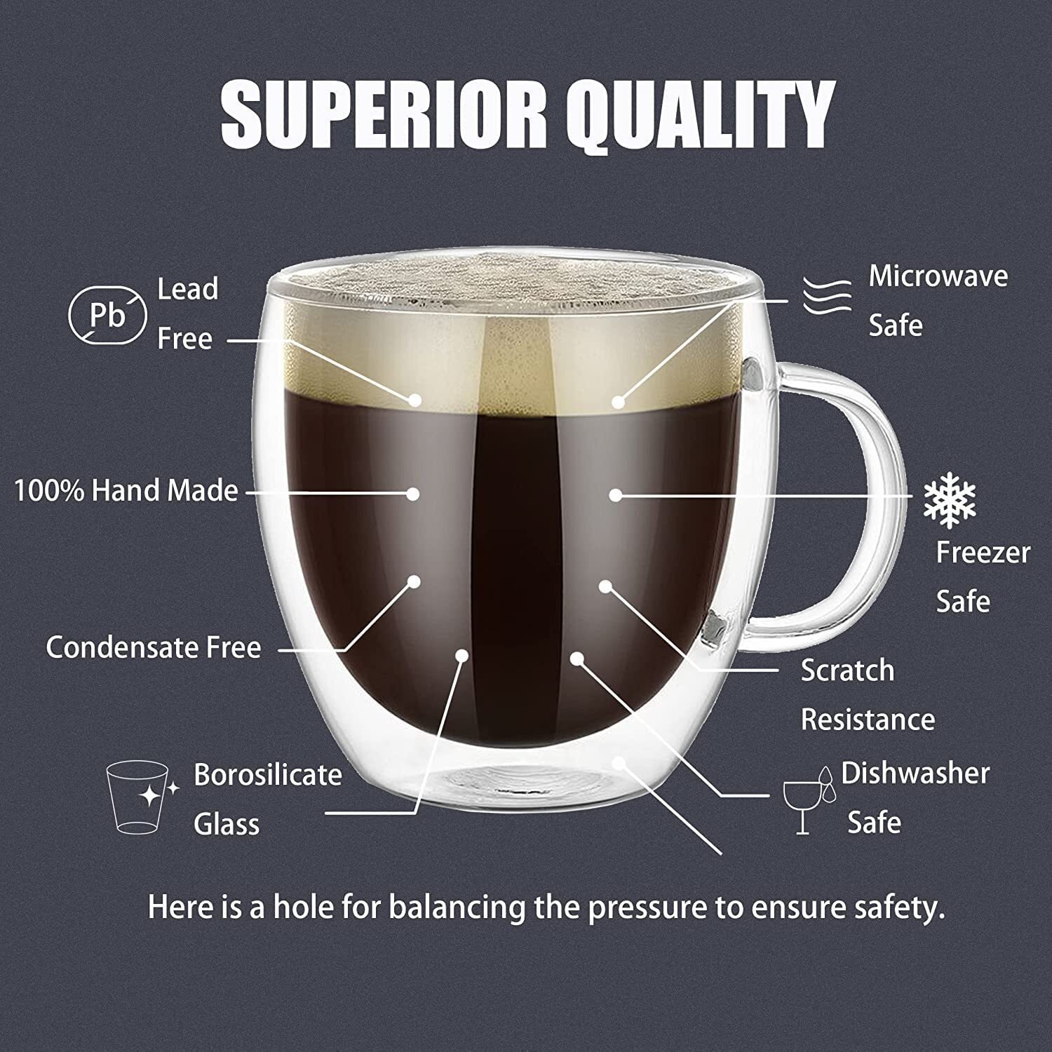 Zroy Enterprise Double Wall Glass 250Ml Set Of 2 Coffee Cups - Double Walled Glass Mugs For Hot & Cold Drinks Coffee Tea Milk Cappuchino Juice (2, 250Ml Cup)