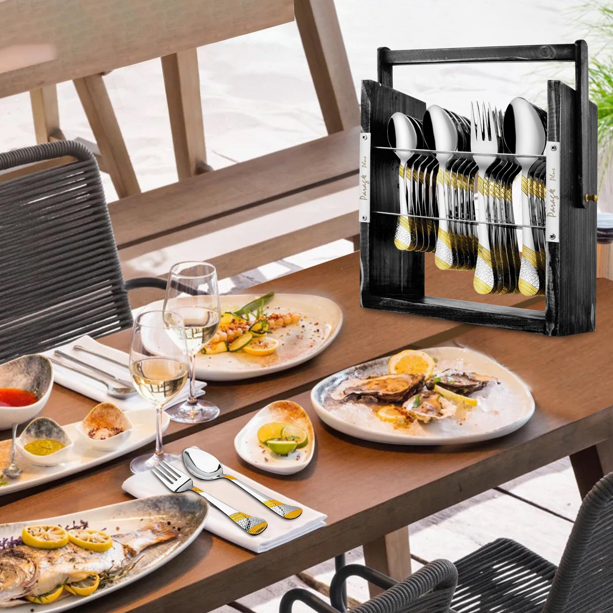 Parage 25 Pieces Stainless Steel Imperial Cutlery Set With Wooden Hanging Stand For Dining Table (Contains 6 Tea Spoons, 6 Table Spoons, 6 Table Forks, 6 Dinner Spoon), 24K Golden Plated Spoon Set