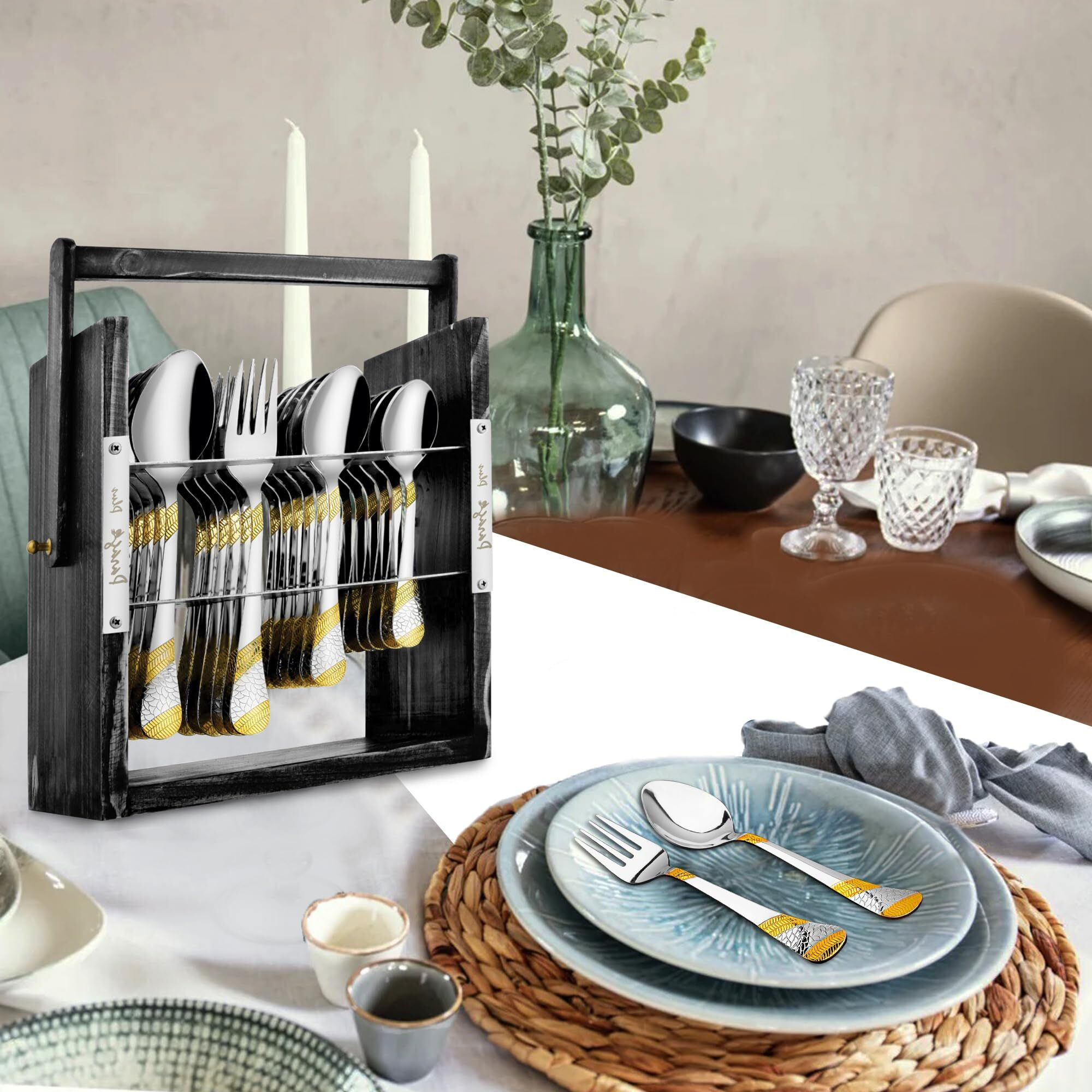 Parage 25 Pieces Stainless Steel Imperial Cutlery Set With Wooden Hanging Stand For Dining Table (Contains 6 Tea Spoons, 6 Table Spoons, 6 Table Forks, 6 Dinner Spoon), 24K Golden Plated Spoon Set