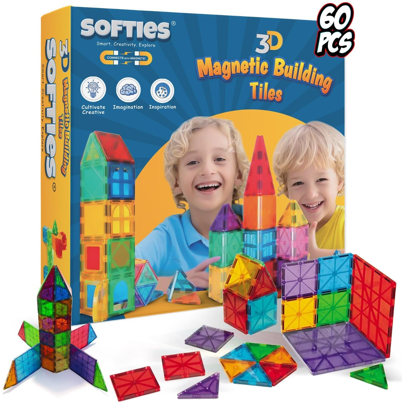 Softies Magnet Kids Toys 60 Pcs, Magnetic Building Blocks, Toys For Kids, Constructing And Learning Builder Educational Kids Magnetic Blocks Game