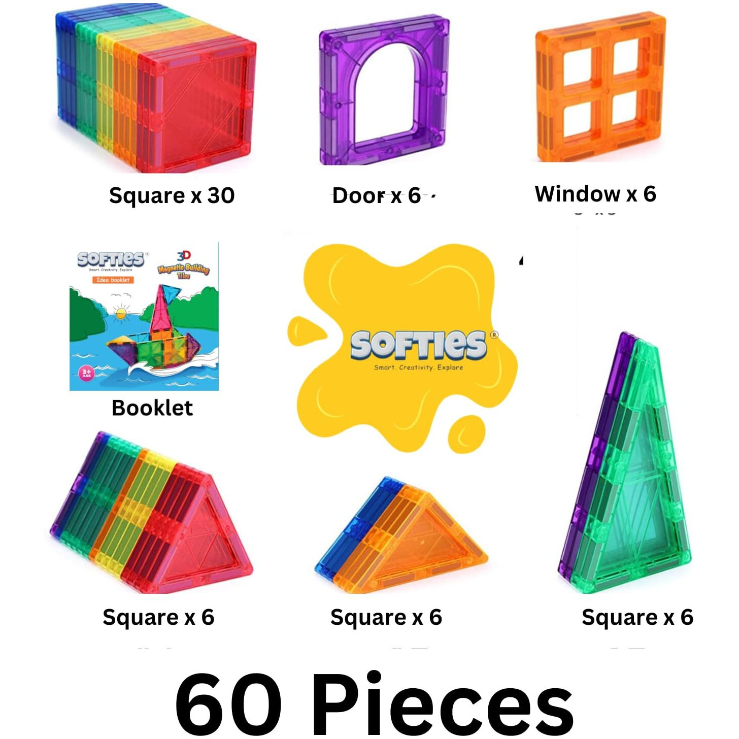 Softies Magnet Kids Toys 60 Pcs, Magnetic Building Blocks, Toys For Kids, Constructing And Learning Builder Educational Kids Magnetic Blocks Game
