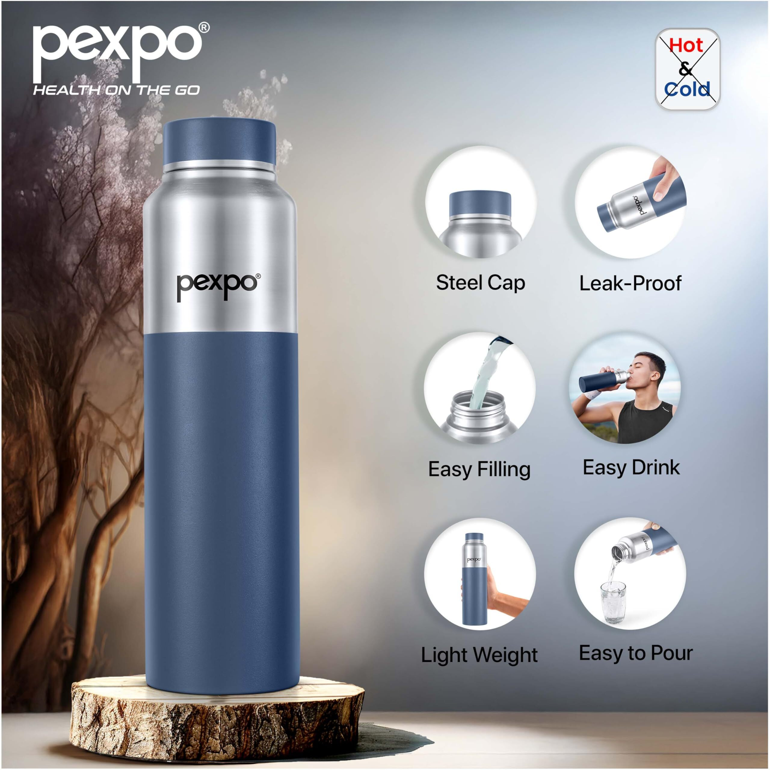 Pexpo Crown Stainless Steel Sports|Fridge Water Bottle - 1000Ml, Silver-Denim Blue Dual Tone | Eco Friendly | Bpa Free | Water Bottle For Office, Gym, School, Yoga, Trekking, Adults & Kids
