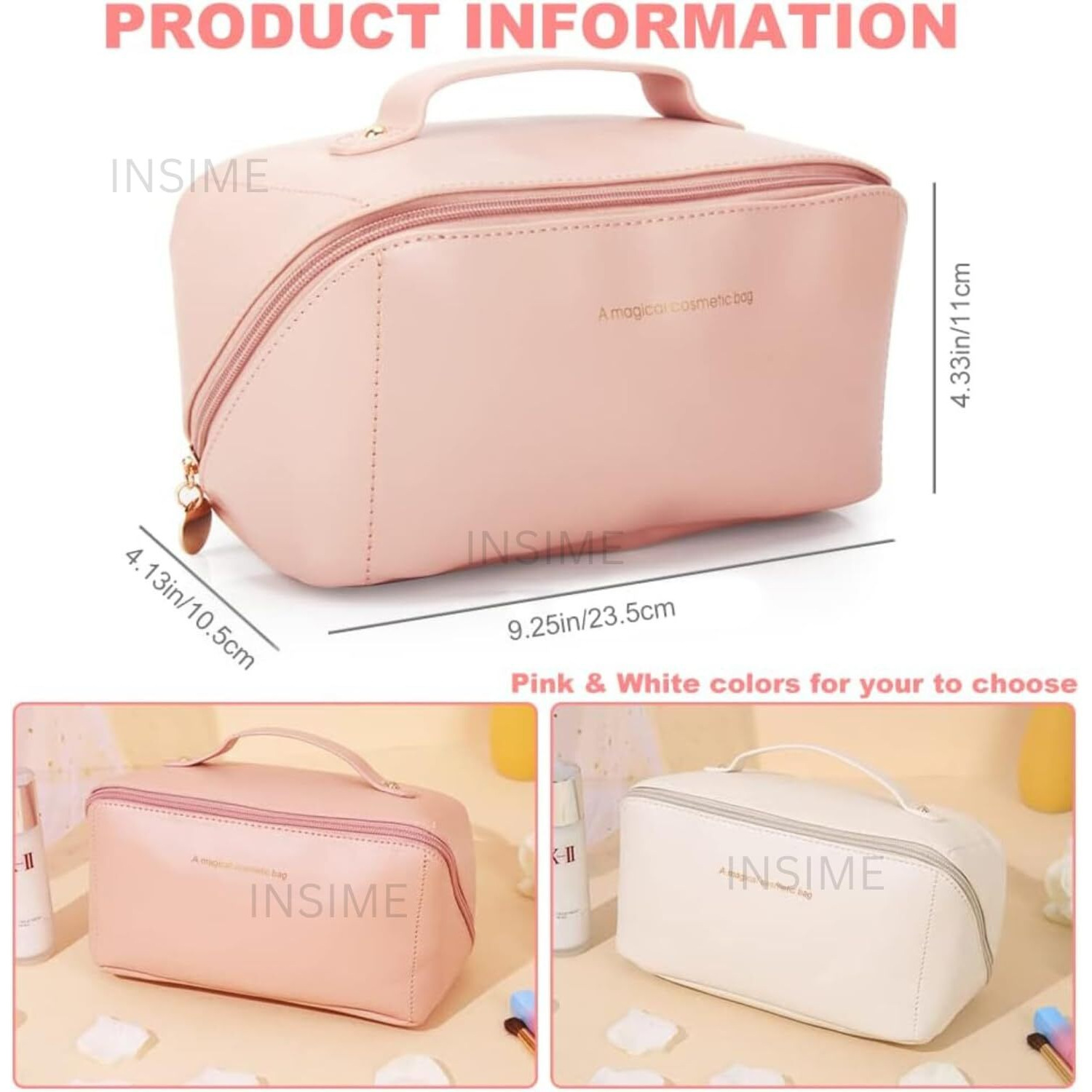 Insime Large Travel Makeup Organizer Cosmetic Bags For Women | Portable Pu Leather Travel Cosmetic Organizer Bag For Woman | Makeup Bag For Travel Makeup Organizer | Travel Cosmetic Organiser Bag