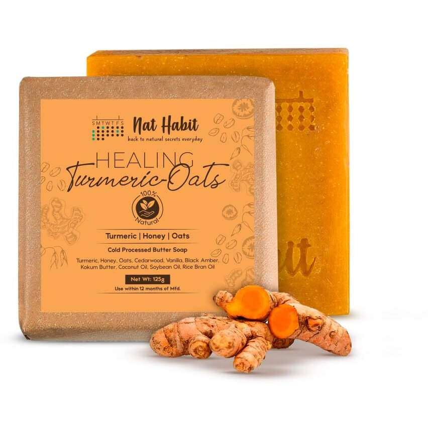 Nat Habit Handmade Healing Turmeric-Oats Butter Bath Soap With Cold Processed For Natural Exfoliation, Acne, Brightening, Skin Health & Tan Removal (125Gm)