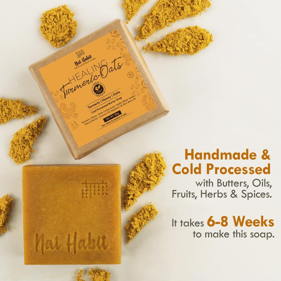 Nat Habit Handmade Healing Turmeric-Oats Butter Bath Soap With Cold Processed For Natural Exfoliation, Acne, Brightening, Skin Health & Tan Removal (125Gm)