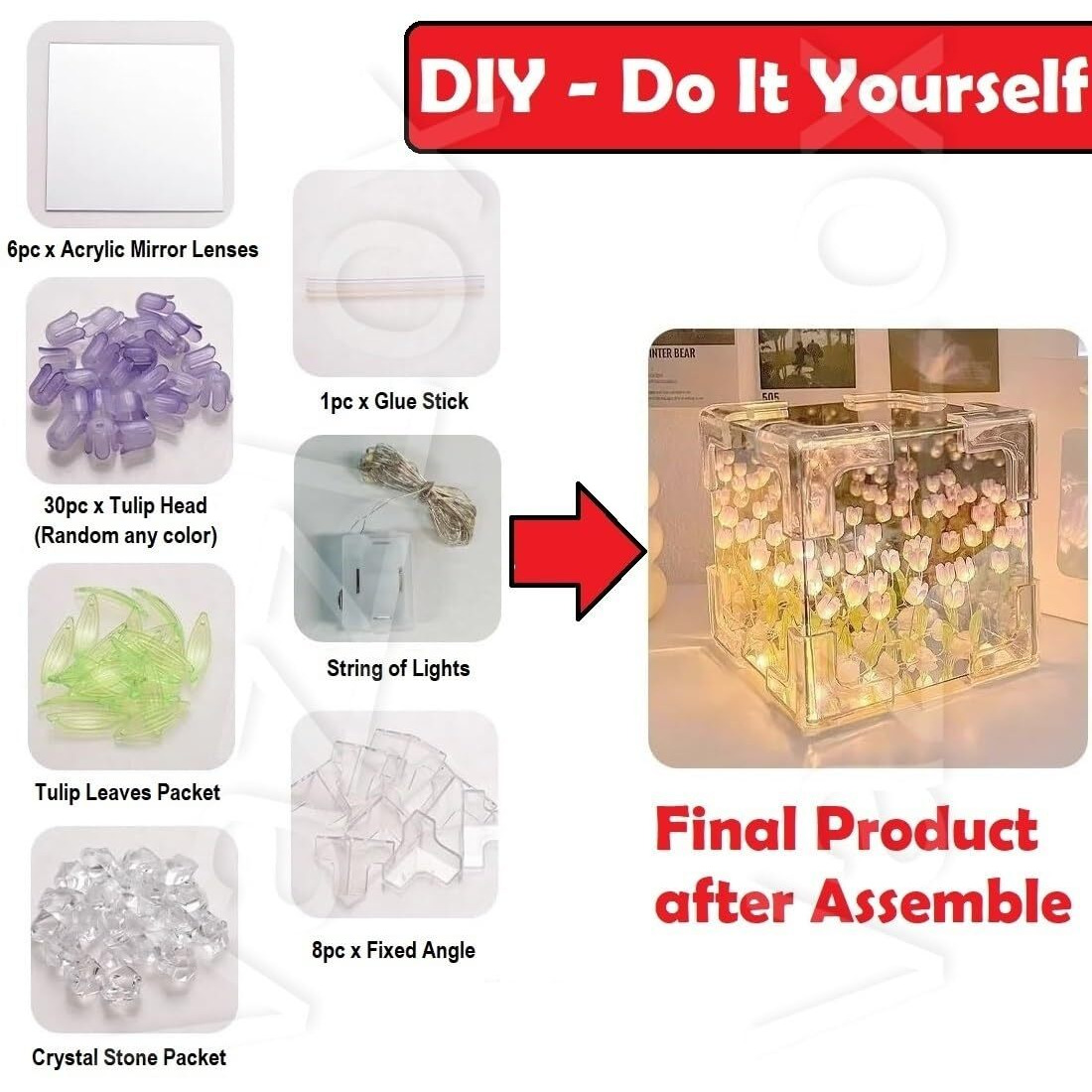 Vazzlox Diy(Do It Yourself) Tulip Lamp Mirror Cube 30 Flowers Led Decorative Lamp Handmade 2 In 1 Table Ornaments & Mirror Diy Infinite Tulip Light Lamp For Bedroom Living Room Decor Gift - Multicolor