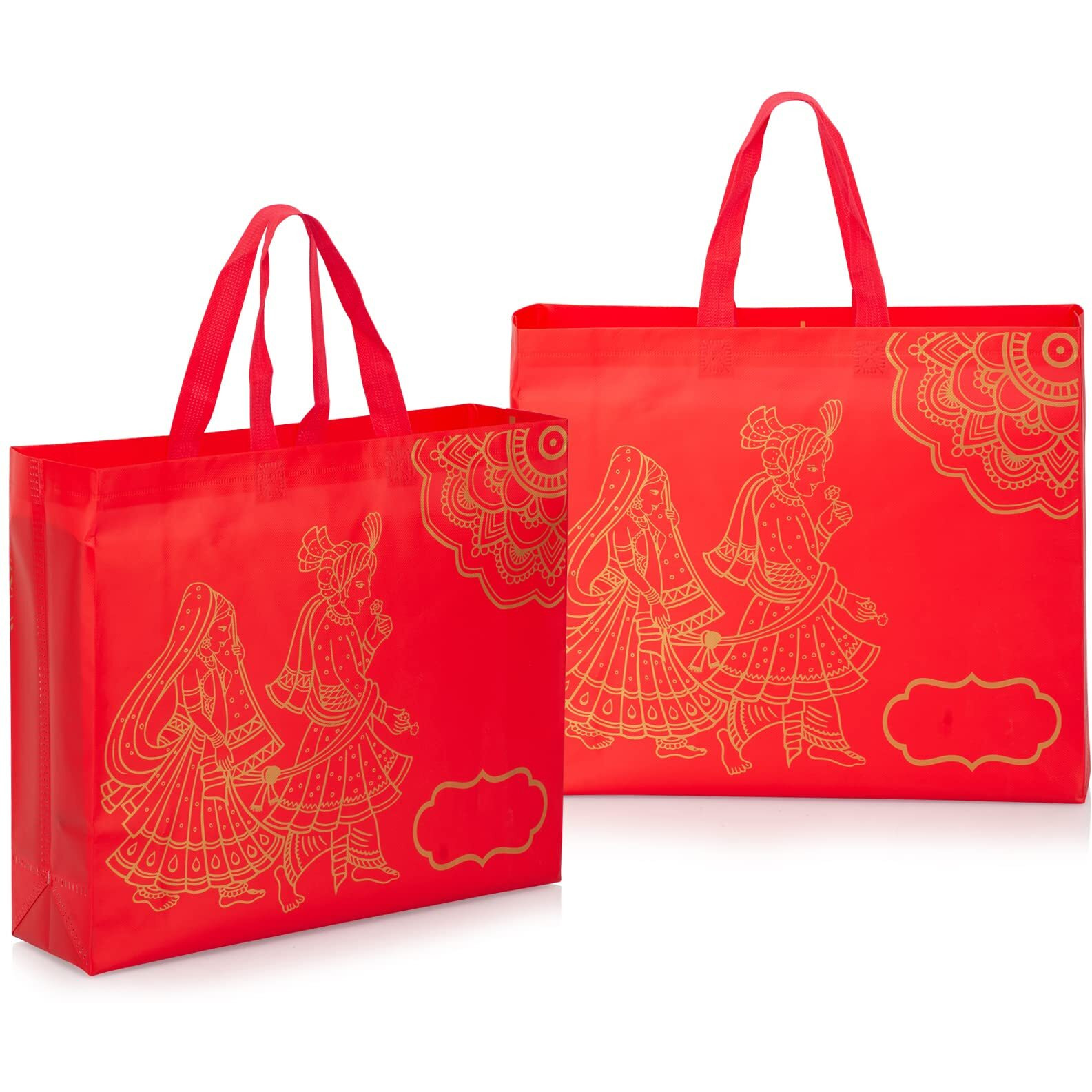 Drapme Wedding Special Reusable Non-Woven Laminated Gift Bags, Wedding Gifts, Shagun, Traditional Gifting, Saree Mithai Chandi Carry Bag (Wedding Red, Pack Of 10)