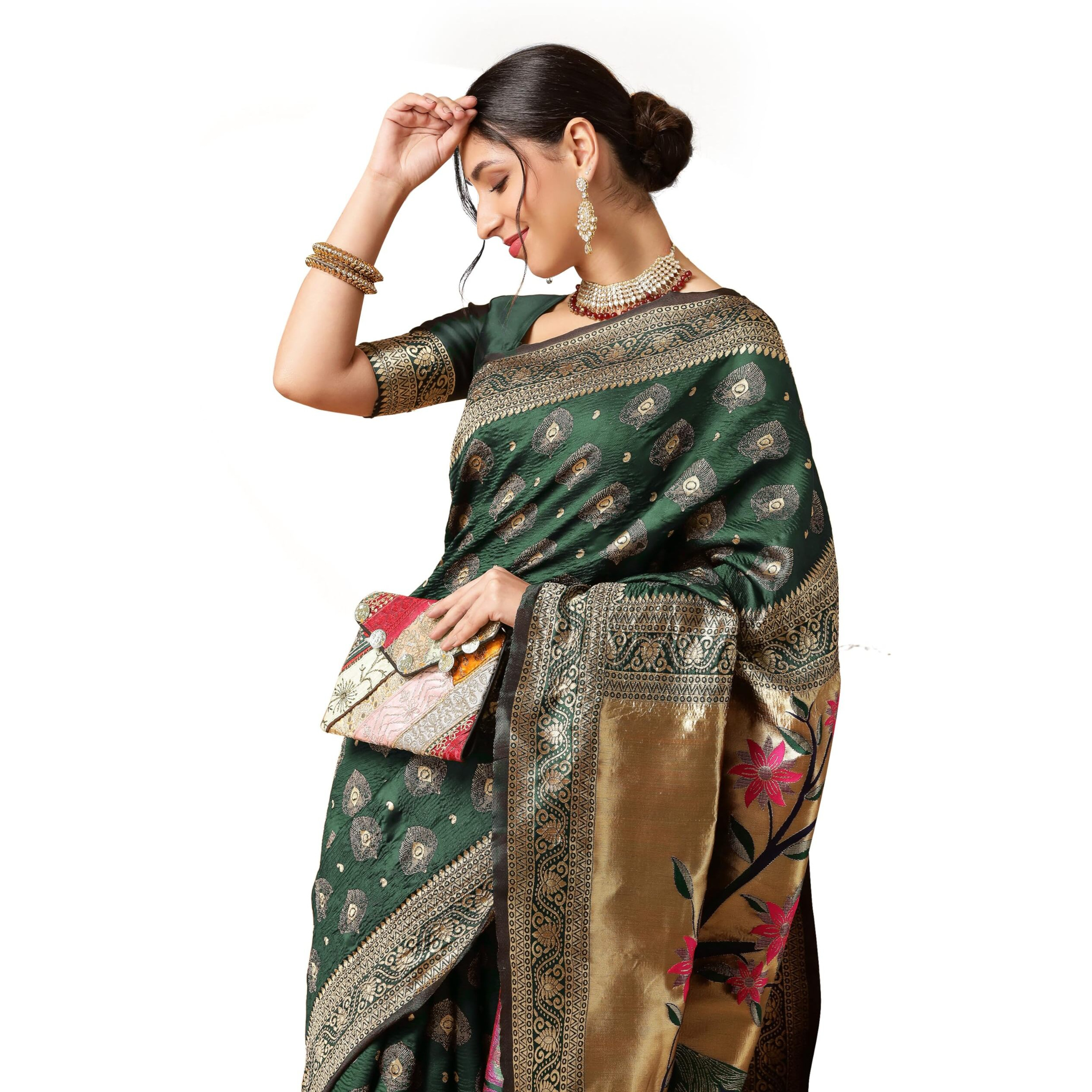 Ethnicjunction Women's Paithani Silk Blend Woven Saree With Blouse Piece (Green)