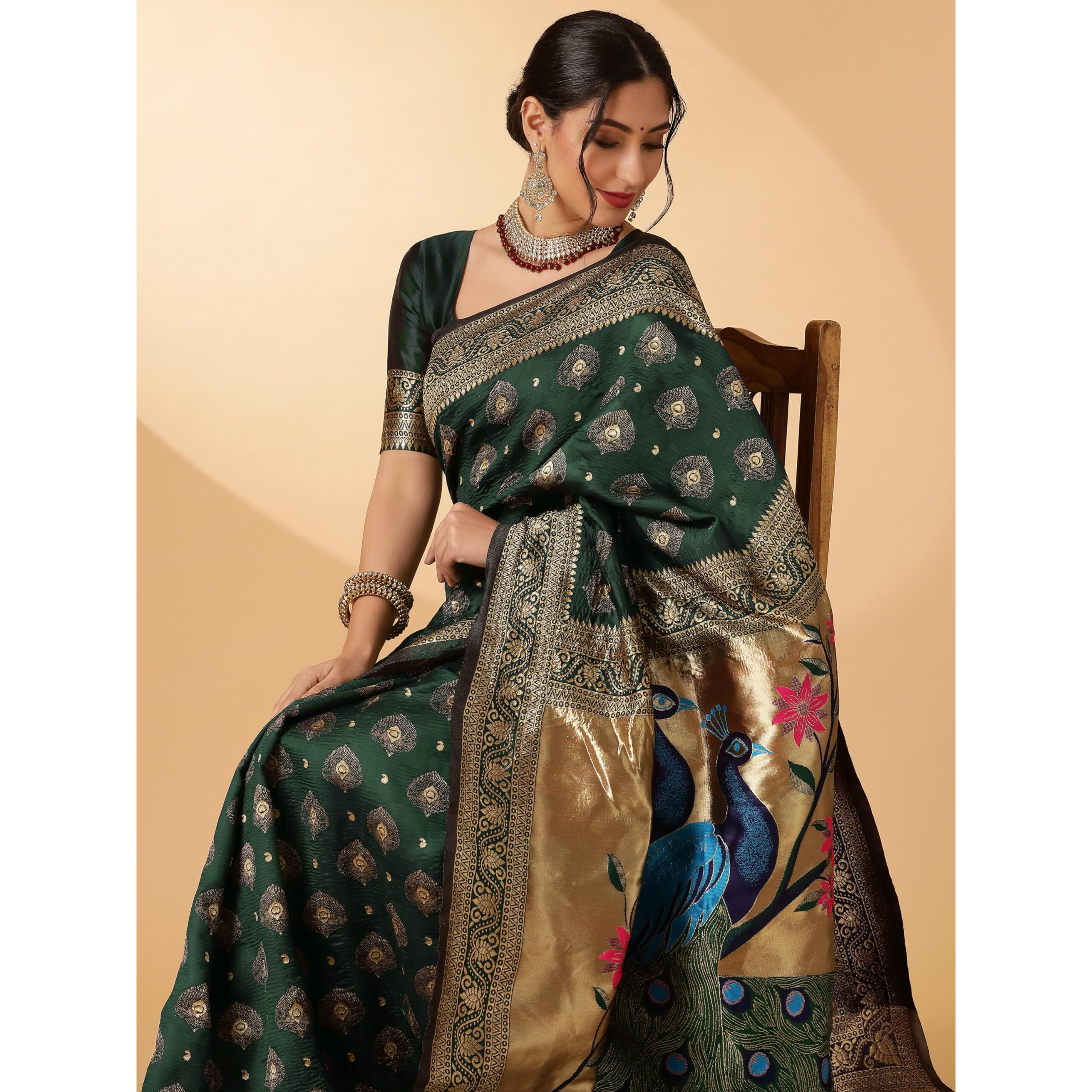 Ethnicjunction Women's Paithani Silk Blend Woven Saree With Blouse Piece (Green)