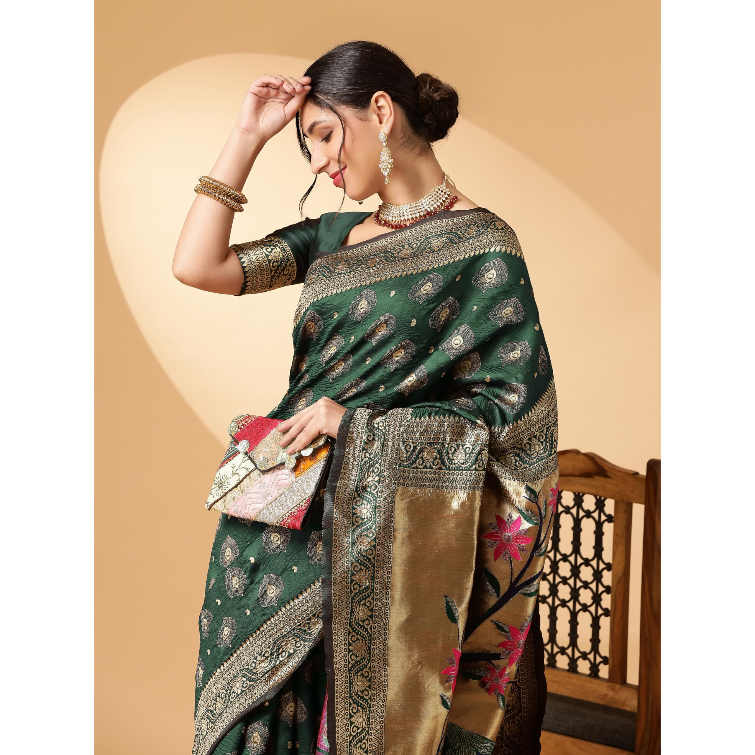 Ethnicjunction Women's Paithani Silk Blend Woven Saree With Blouse Piece (Green)