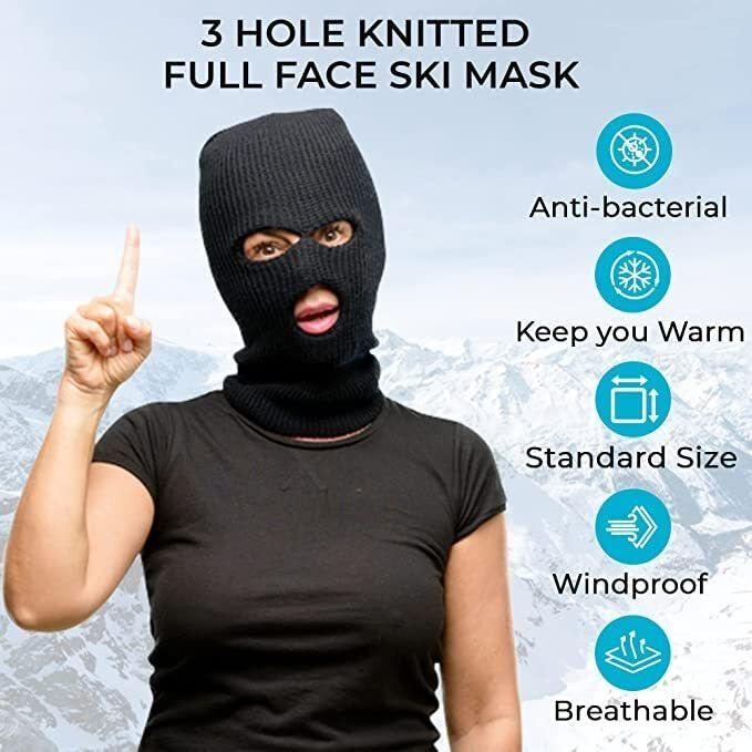 Street27 3 Hole Hat Winter Balaclava Warm Knit Knitted Full Face Ski Cover Mask Ribbed Beanie Hat, Men Women Outdoor Sports Knit Full Face Windproof Mask (Black)