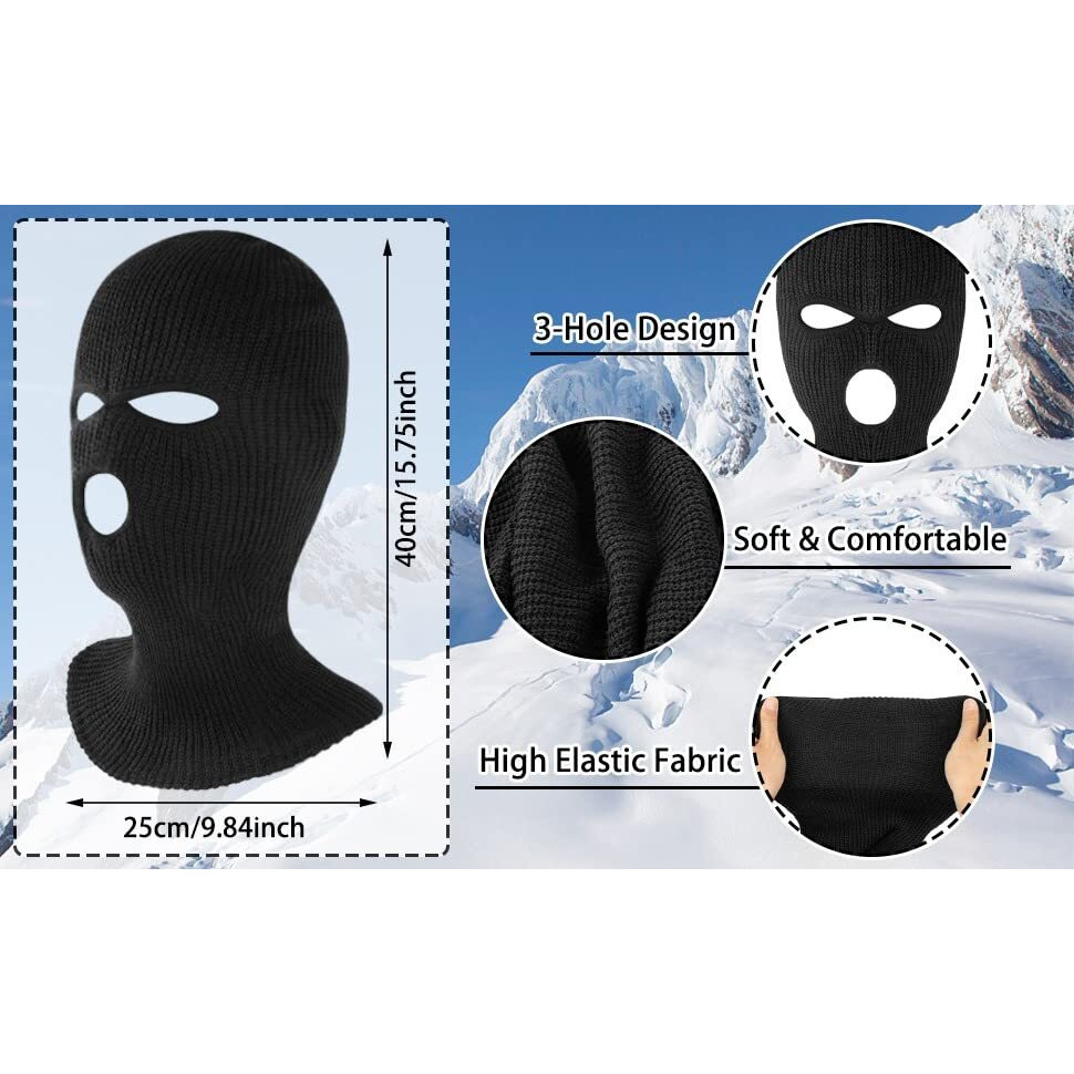 Street27 3 Hole Hat Winter Balaclava Warm Knit Knitted Full Face Ski Cover Mask Ribbed Beanie Hat, Men Women Outdoor Sports Knit Full Face Windproof Mask (Black)
