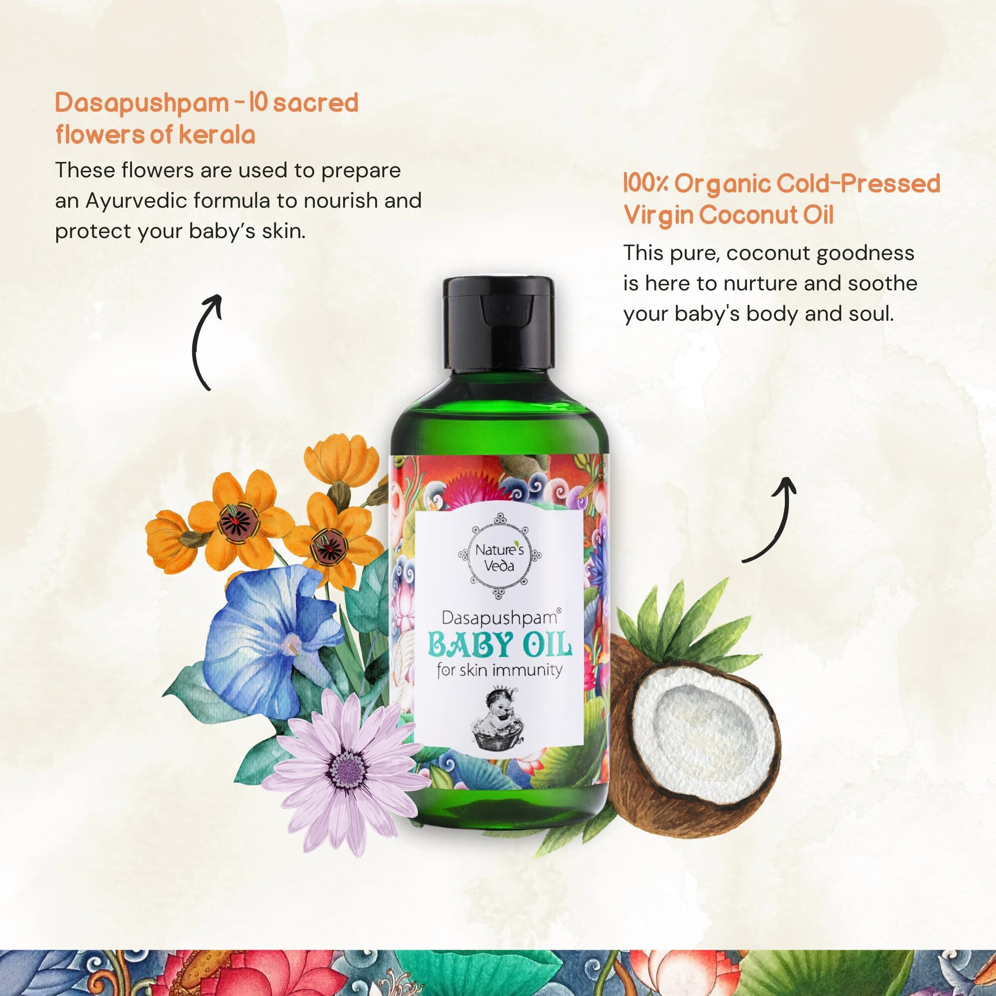 Nature's Veda Ayurvedic Natural Dasapushpam Baby Massage Coconut Oil, 200 Ml | Nourishing Growth For Newborns | Virgin Coconut Oil Prevents Dry Skin | Skin Immunity Oil | Non-Sticky Formula
