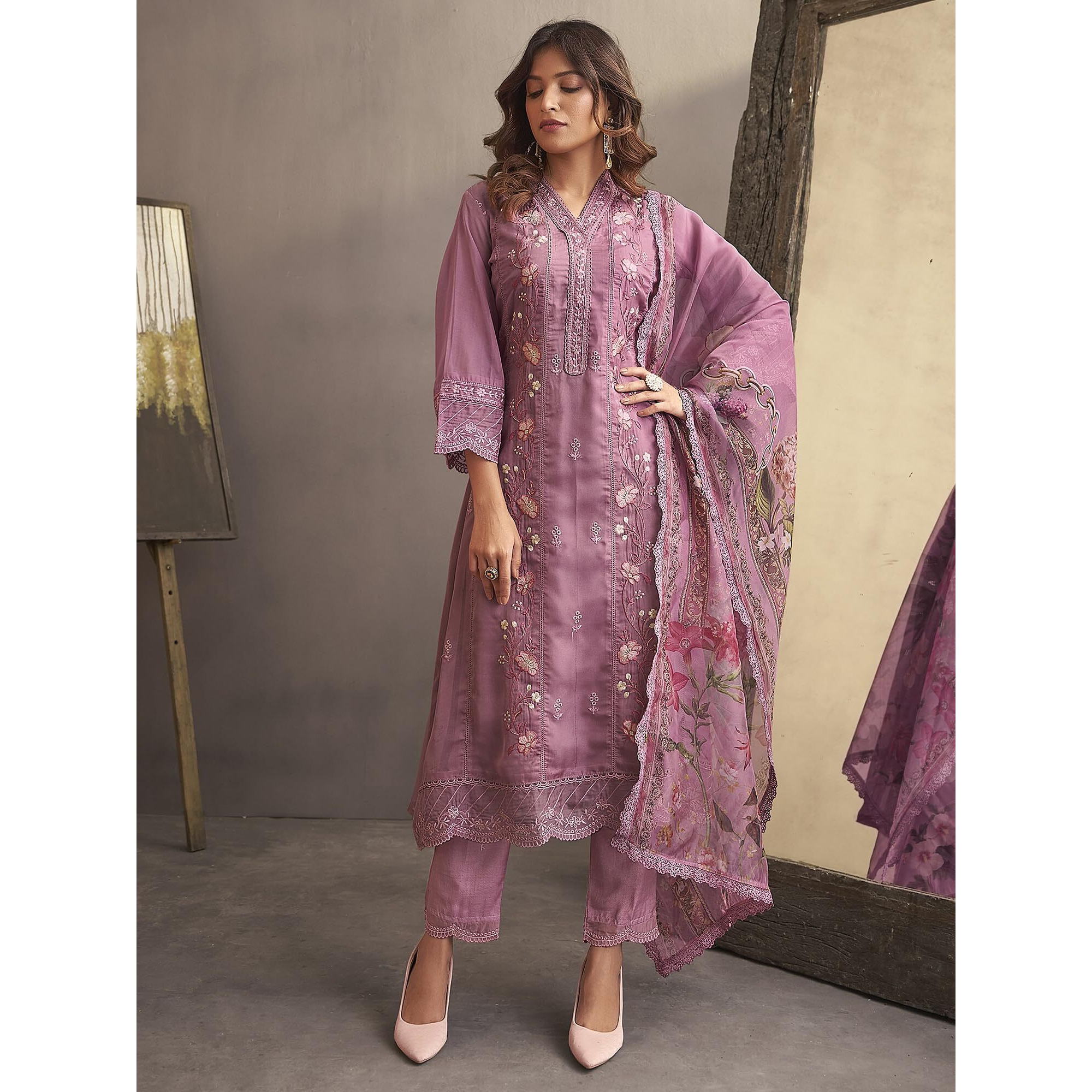 Indo Era Organza Women's Pink Embroidered Straight Kurta Pant With Dupatta Set (Ieout7434_Small)