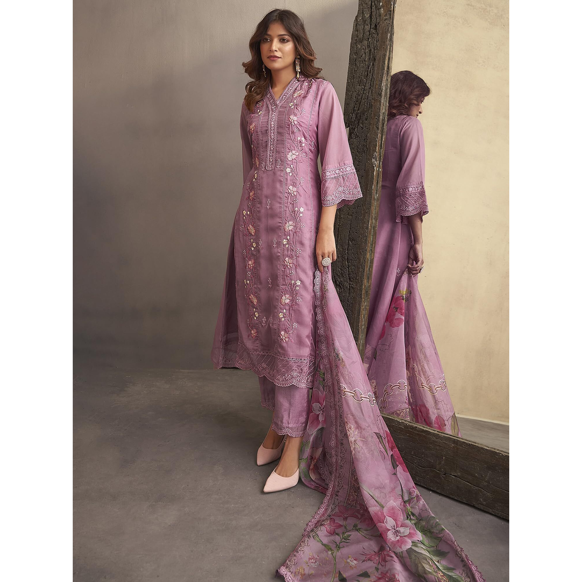 Indo Era Organza Women's Pink Embroidered Straight Kurta Pant With Dupatta Set (Ieout7434_Small)
