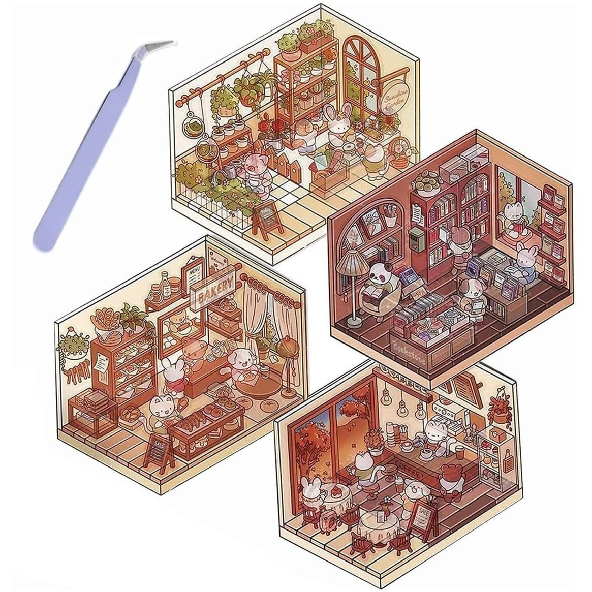 Hasthip 4 Pcs Diy 3D House Stickers With Tweezer, Cute Cartoon Scene Stickers, Fun Diy Stickers Scene Make Your Own Supermarket Coffee Shop Restaurant Bookstore For Adult Kids Relief Stress