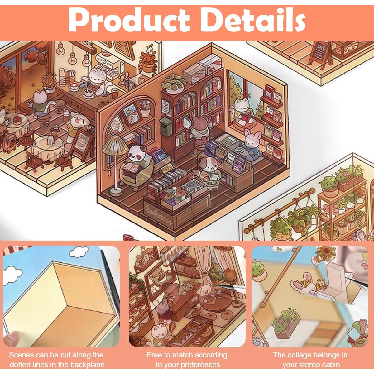 Hasthip 4 Pcs Diy 3D House Stickers With Tweezer, Cute Cartoon Scene Stickers, Fun Diy Stickers Scene Make Your Own Supermarket Coffee Shop Restaurant Bookstore For Adult Kids Relief Stress