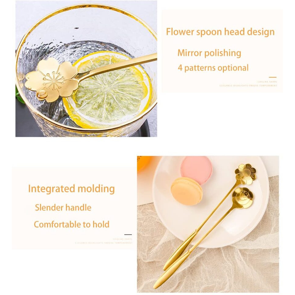 Fapiwen Golden Spoons, Coffee Spoon, Flower Teaspoons, Desserts Spoons, Stainless Steel Reusable Tea Scoops, Spoon Set For Kitchen, Dessert House, Cafe Or Bar (Set Of 4 Pcs Gold),18 Centimeter
