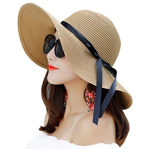 Muryobao Women Wide Brim Straw Sun Hat Floppy Foldable Roll Up Cap Beach Summer Hats Upf 50+ Khaki